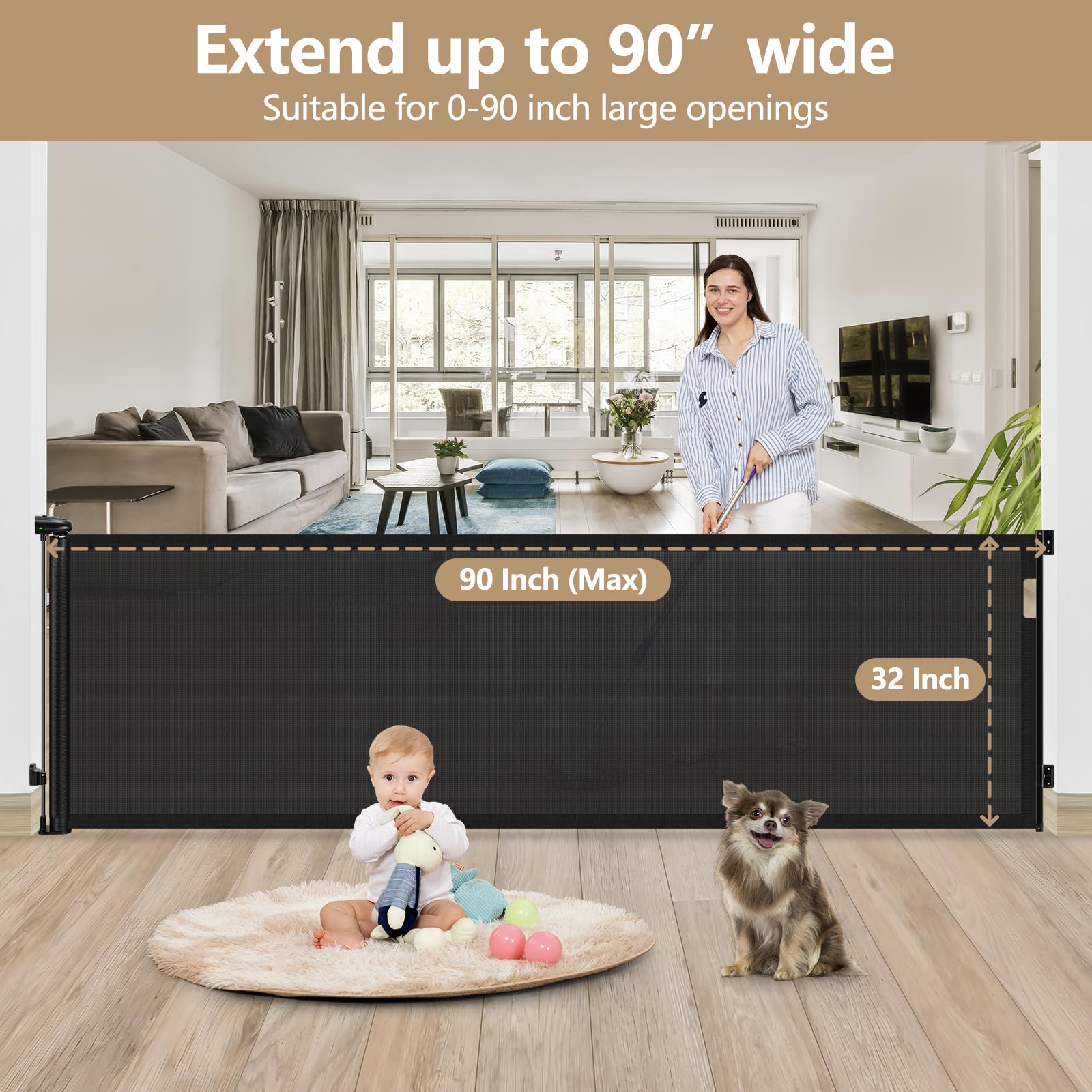 90 Inch Extra Wide Retractable Baby Gate for Large Openings Indoor Outdoor Pet Gates for Dogs Extra Wide Dog Gates for The House Extra Wide Child Gates, Black
