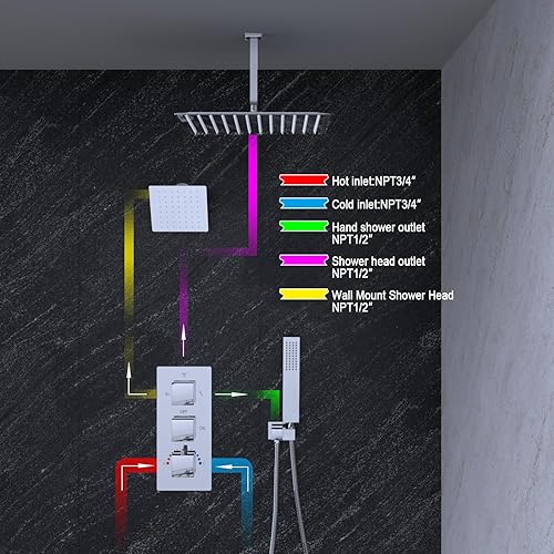 Miniatura 123 de Enga Sistema de ducha termostático doble, grifo de ducha de lluvia doble de montaje en pared de 12 pulgadas + 6 pulgadas, todas las funciones se Oro