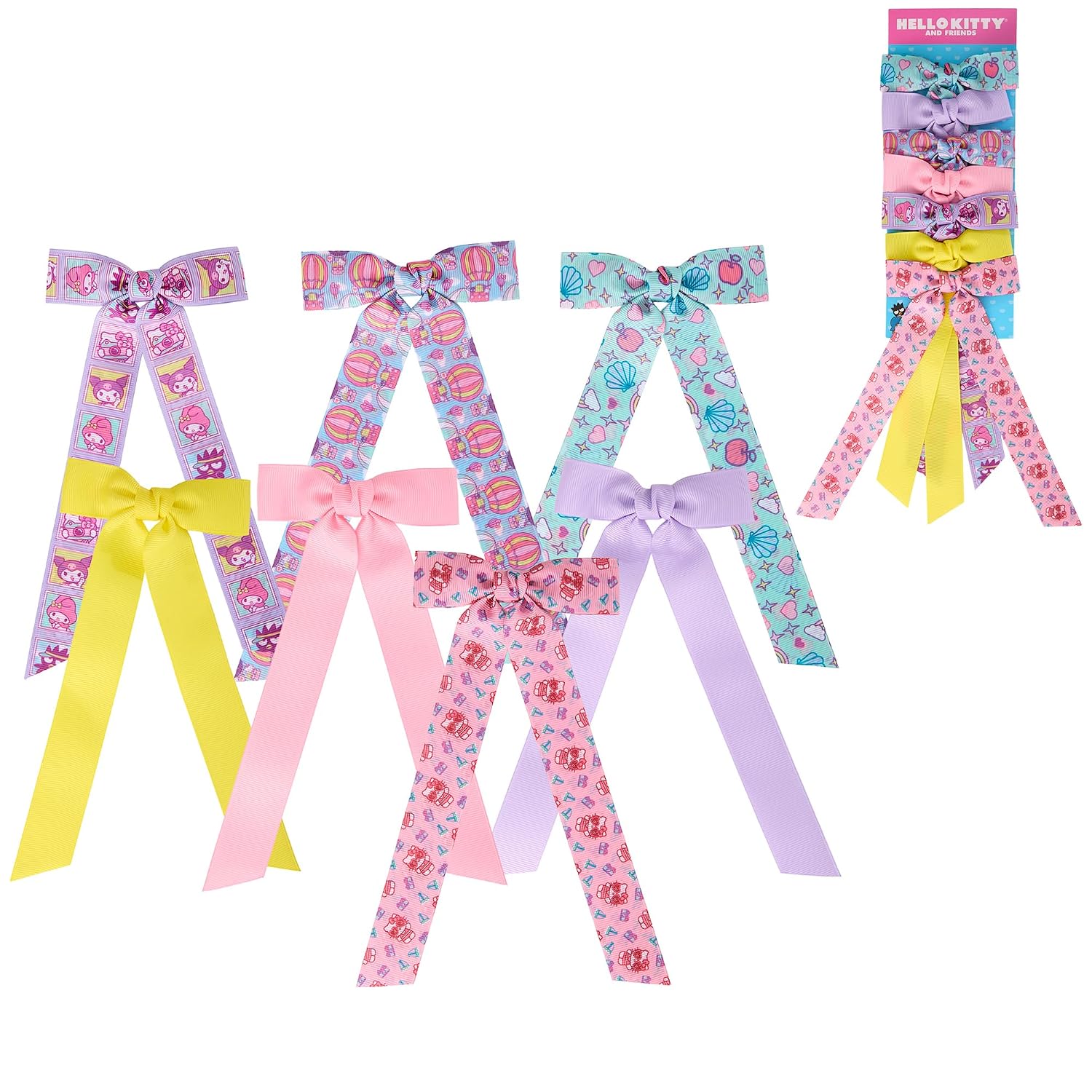 Hello Kitty and Friends Long Hair Bows 7-Piece Set Official License, Sanrio | Hair Accessories with Kuromi and My Melody