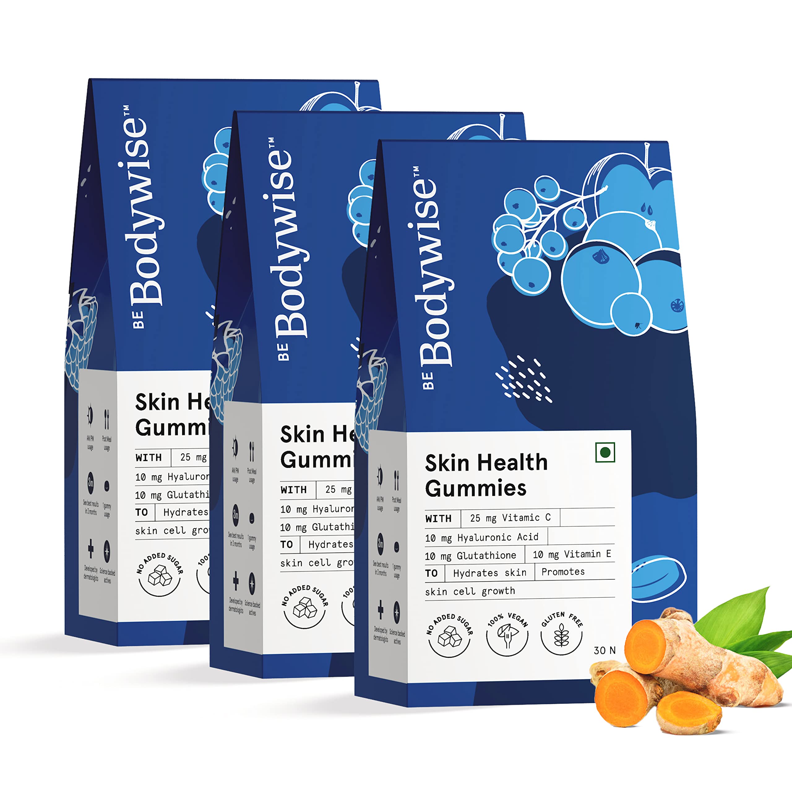 Bodywise Collagen Skin Gummies | 90 Days pack | With 10,000 mcg Glutathione, Hyaluronic Acid, Vitamin C &Vitamin E | For Glowing & Radiant with Glutathione | Pack of 3