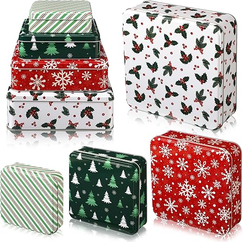 4 latas de galletas de Navidad con tapas, diseño de dibujos animados vintage, latas de anidación, muñeco de nieve, renos, Papá Noel, contenedores de