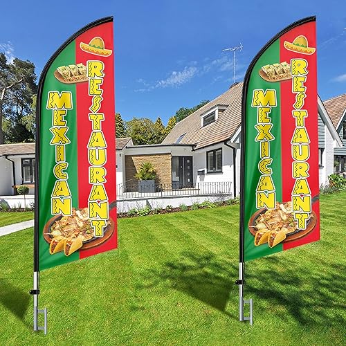 Miniatura 9 de Banner de bandera de Swooper con publicidad de restaurante mexicano, kit de poste de bandera de plumas de restaurante mexicano y estaca para tierra,