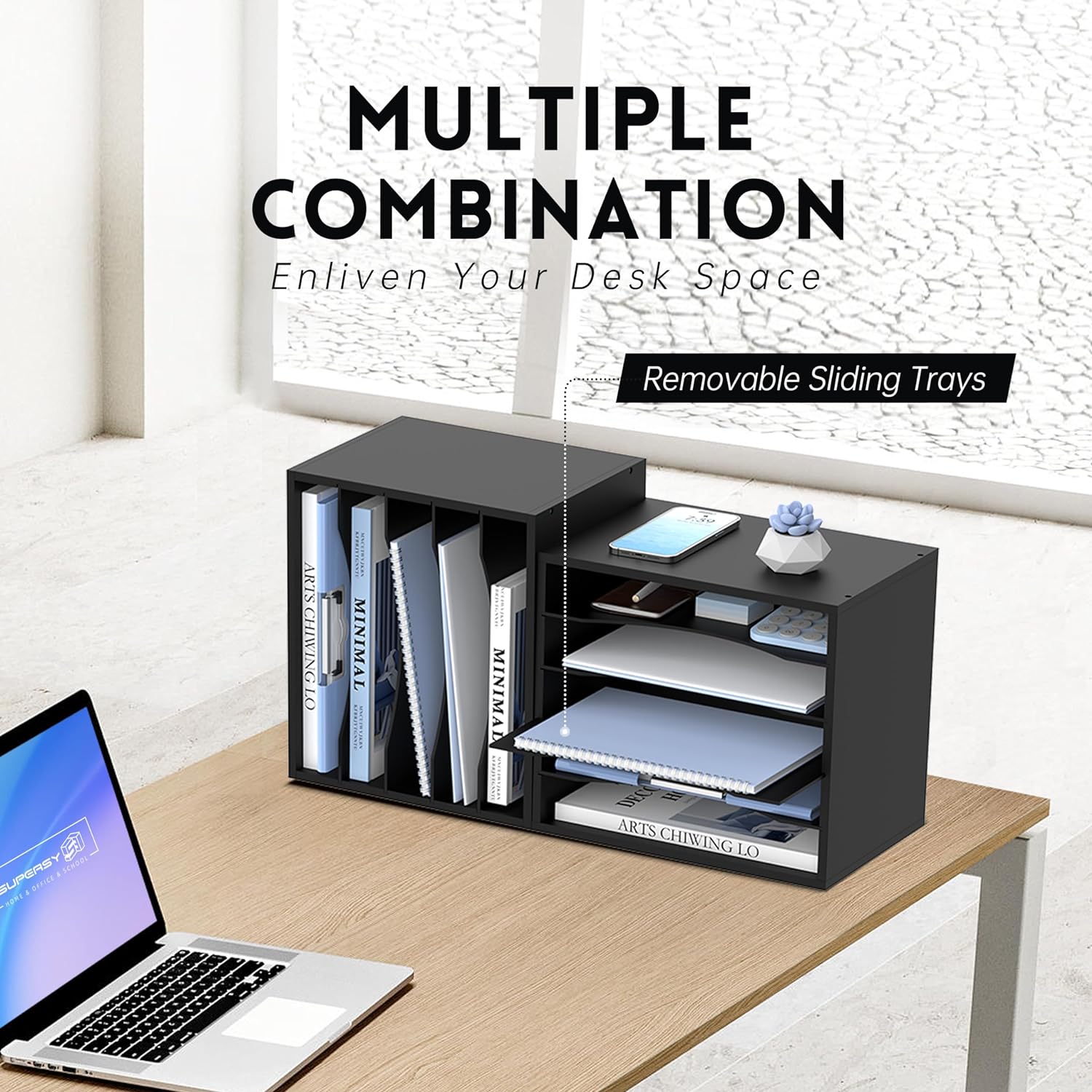 SUPEASY Wood Desk Organizer, 5 Tier Paper File Organizer for Desk, Wooden Desktop Organizer, Paper Letter Literature Mail Sorter, for Office School & Home Organization, Black (Pack of 2)