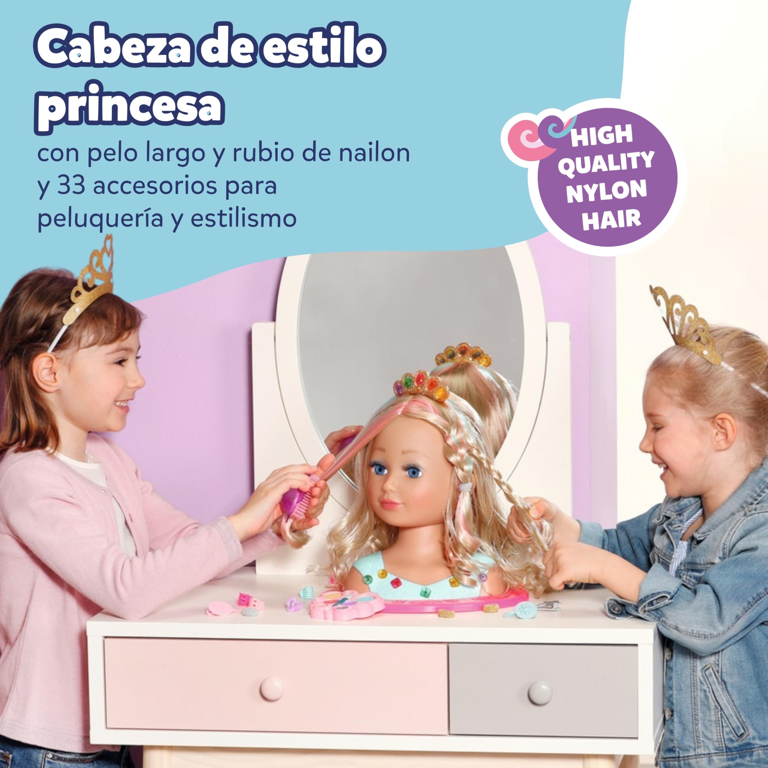 Baby born Cabeza de Peinado Princesa con Accesorios | Paleta de maquillaje, cepillo y accesorios de peinado, pelo largo