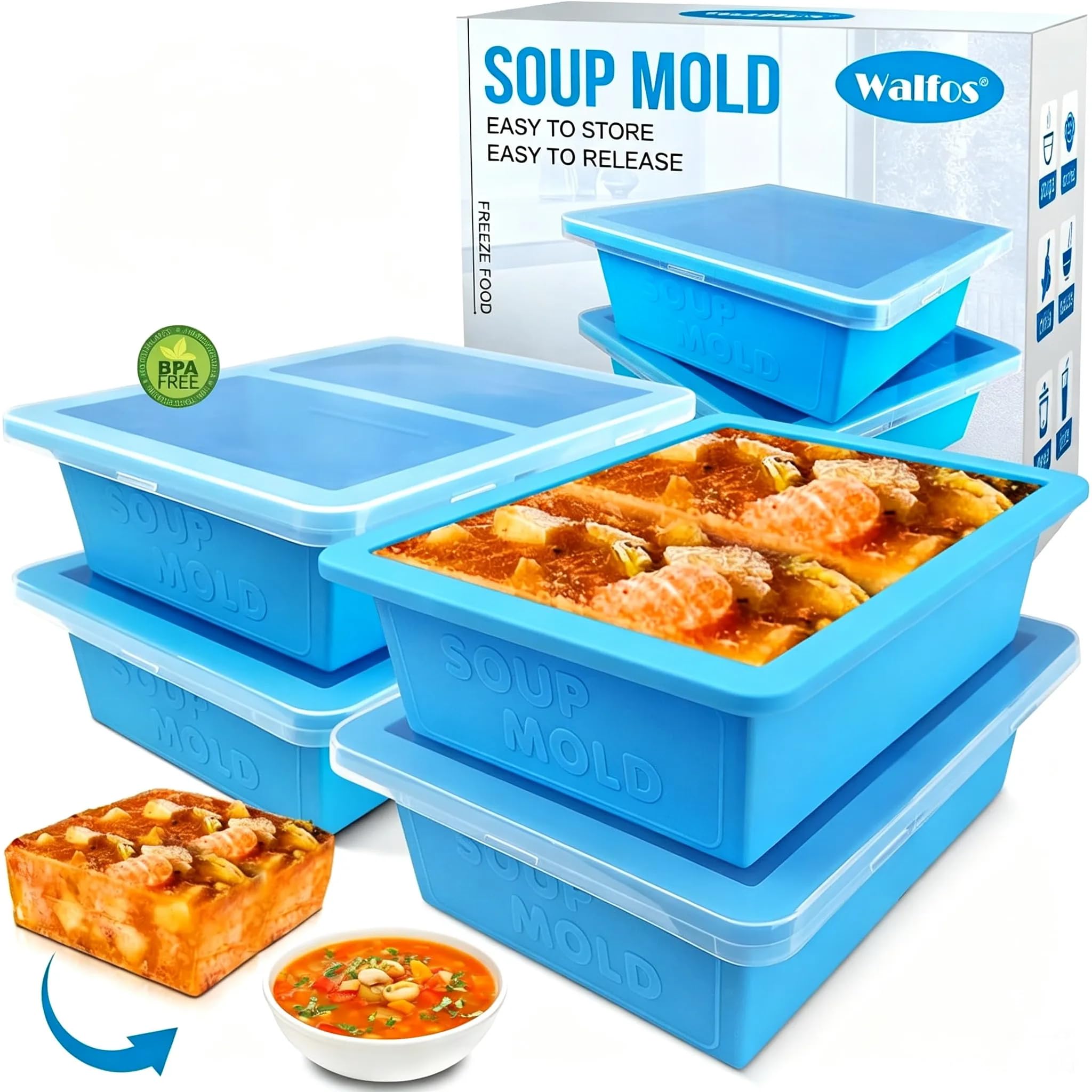 Walfos Silicone Freezer Tray with Lid - Easy to demold and Easy Meal Prep Container, 2pcs 1 Cup & 2pcs 2 Cup Silicone Mold for Soup and Food Storage -Blue 4pcs