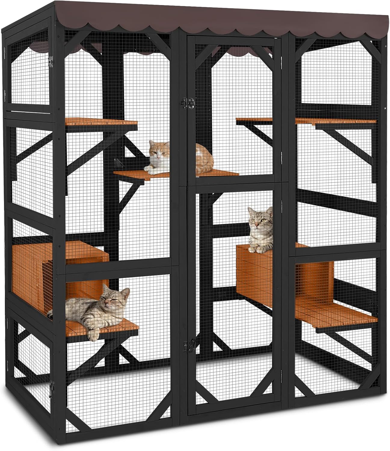 GUTINNEEN Catio Outdoor Cat Enclosure 70" Large Wooden Cat House Walk-in Cat Cage Kitty Shlter Playpen with 7 Platforms, 2 Resting Boxes, Waterproof Cover for 2-6 Cats (Black)