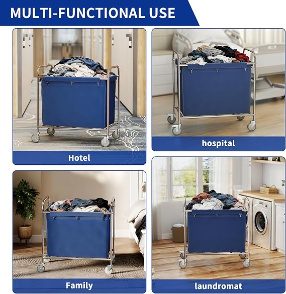 Large Commercial Laundry Cart with Wheels,400L Industrial Laundry Trolley with Armrests and Removable Waterproof Lined Basket,Heavy Duty Rolling Laundry Basket for Laundromats,Hospital and Hetels