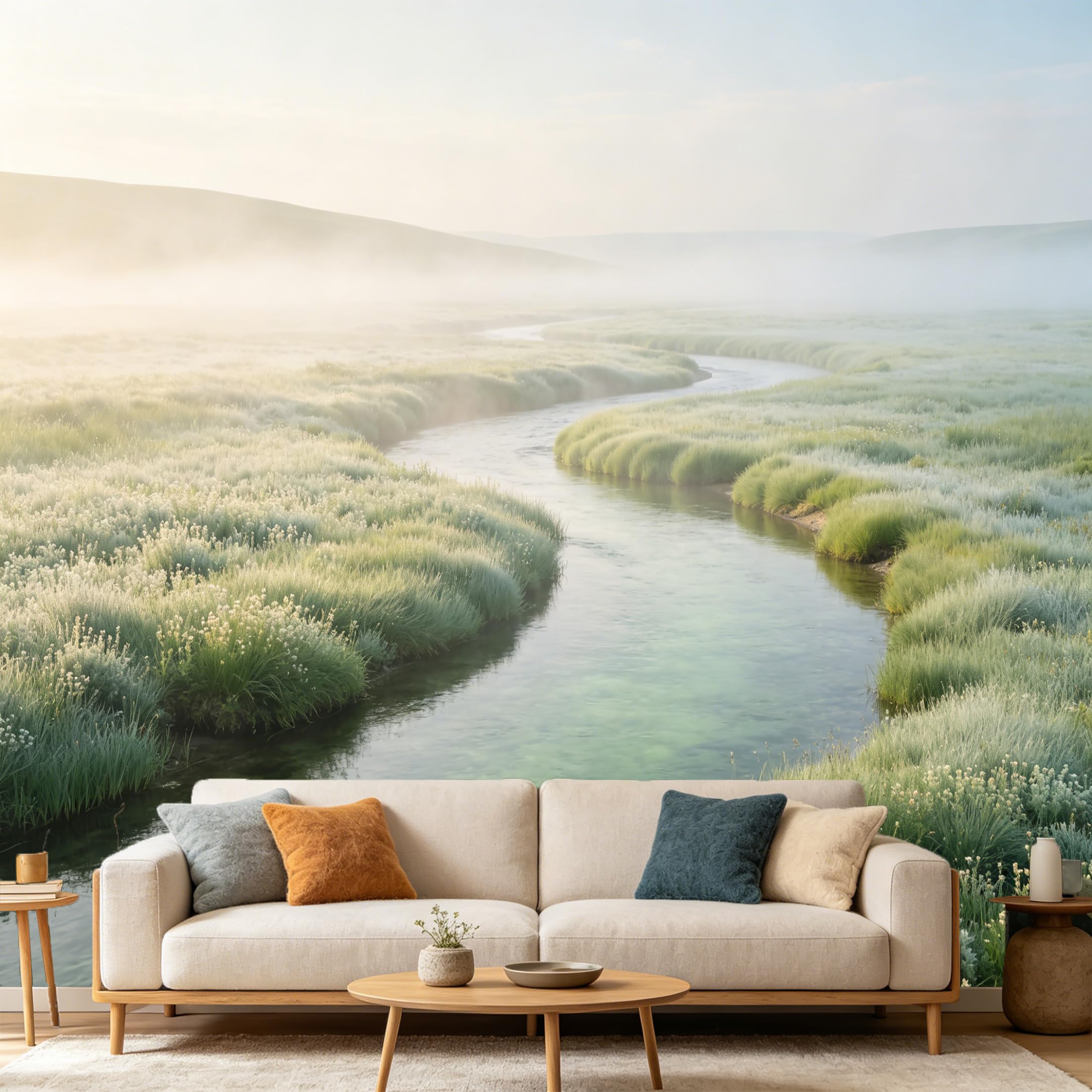 Custom Size Wall Mural Misty River Landscape Morning Meadow Stream SelfAdhesive Art Prints wall Fabric（No PVC） Removable Wallpaper Home Bedroom Decor