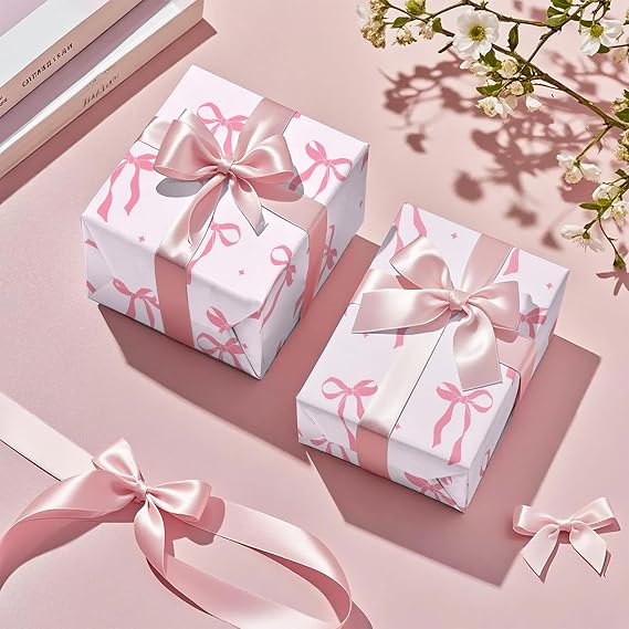 WRAPAHOLIC Pink Bow Wrapping Paper Roll - Mini Roll - 17 Inch x 16.5 Feet - Pink Ribbon Bow Design Perfect for Valentine's Day, Girls Birthday, Bachelorette Party, Baby Shower