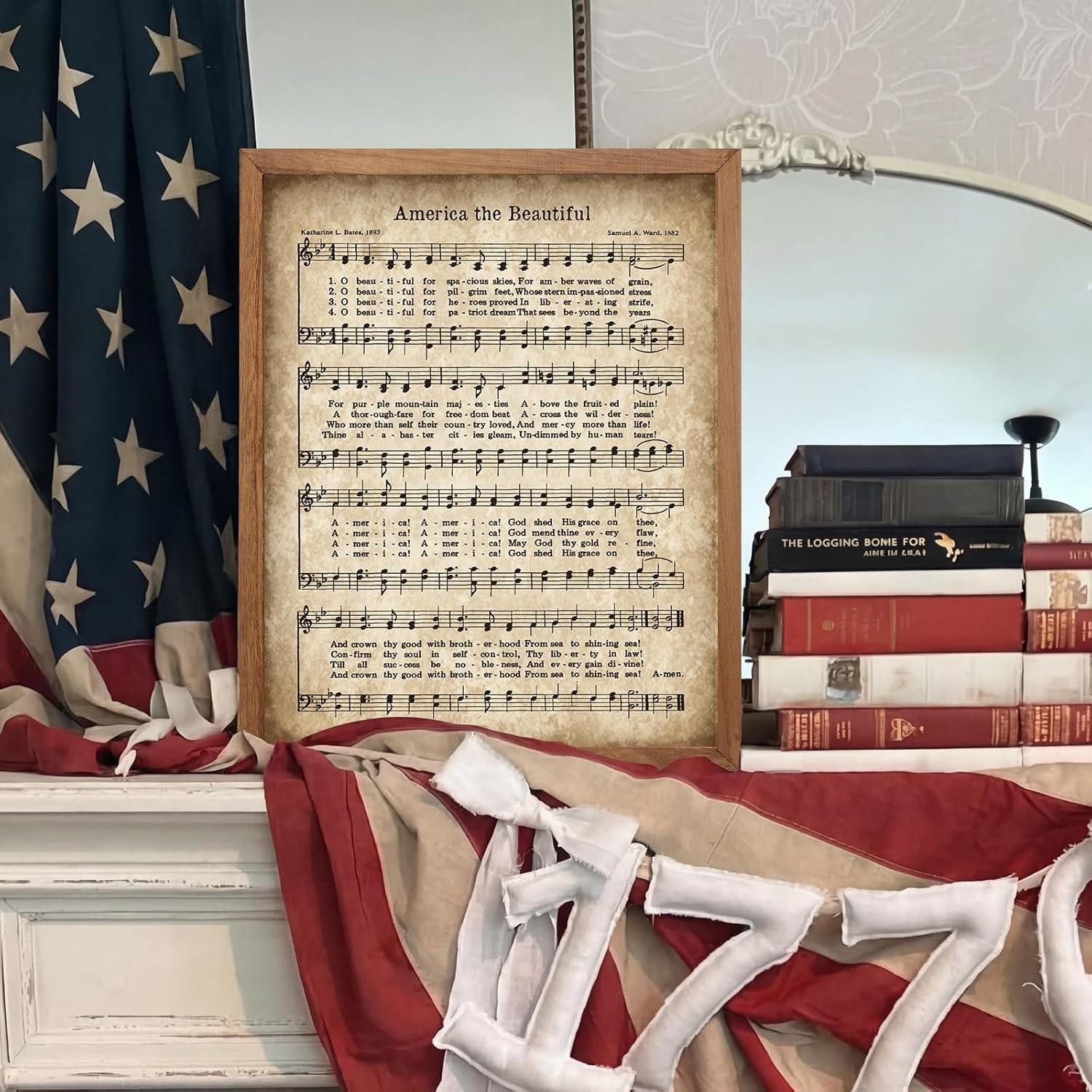 Glenmal 4th of July Wall Art America the Beautiful Vintage Sheet Music Wall Decor 13.8 x 11 inch Vintage Patriotic Decoration for Independence Day, 4th of July, Memorial Day
