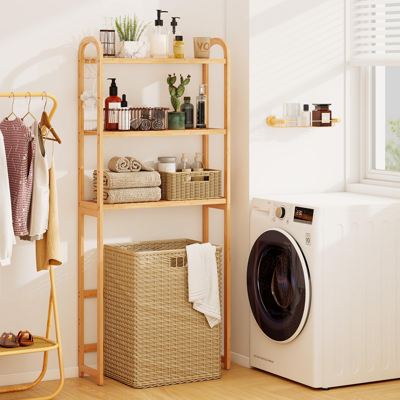 GOPLUS Meuble WC au-Dessus des Toilettes en Bambou, Étagère Toilette à 3 Niveaux avec 3 Crochets et Barres Réglable, Meuble Salle de Bain et Buanderie, 71,5 x 25 x 166 cm (Naturel)