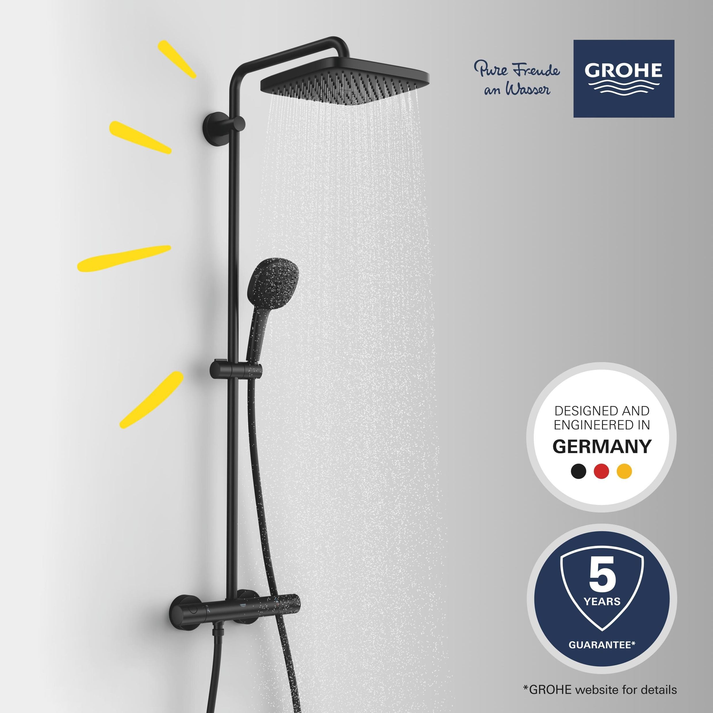 Grohe GROHE Vitalio Comfort 250 Kolumna prysznicowa z termostatycznym akumulatorem, prysznic z kwadratową głowicą 25 cm, 1 strumień, kwadratowy prysznic 11 cm 2 strumienie, elastyczny 1,75 m, oszczędność