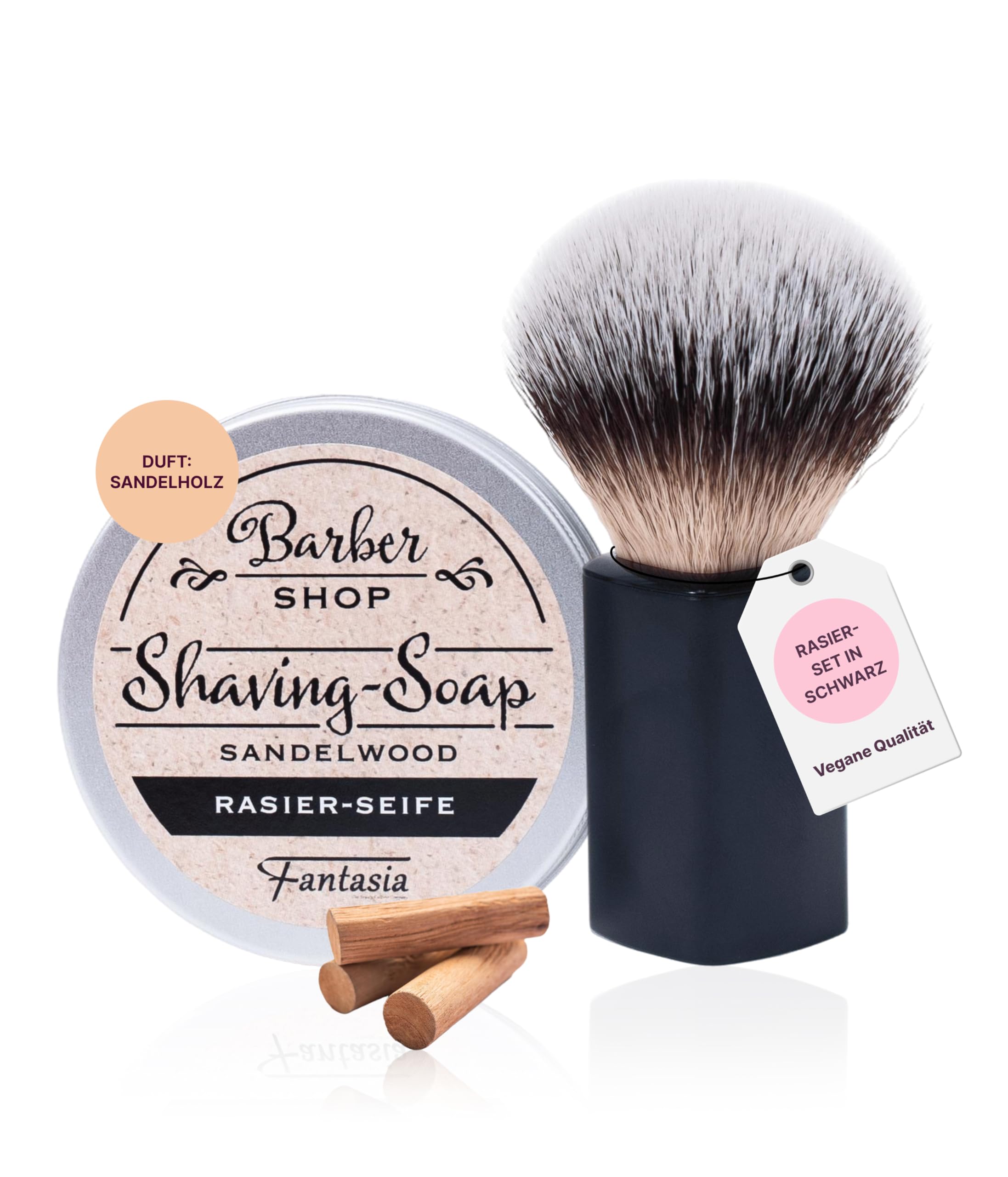 Fantasia® Beauty Rasier-Set schwarz mit Rasierseife in Aludose (Sandelholzduft, 100g) - Veganer Rasierpinsel mit Synthetikhaar, optimal für Bartpflege - Geschenk für Herren, inklusive Rasier