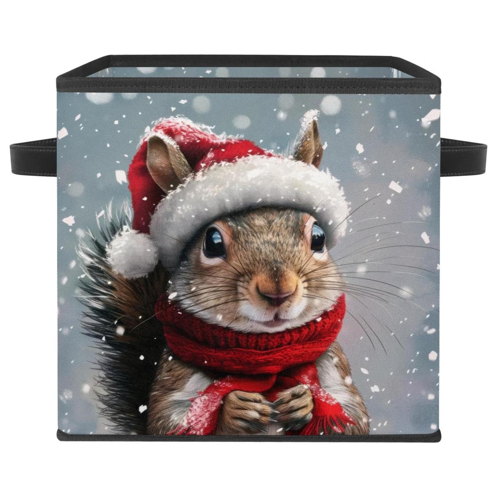Boîte de rangement écureuil de Noël grand cube pliable 28cm en tissu Oxford