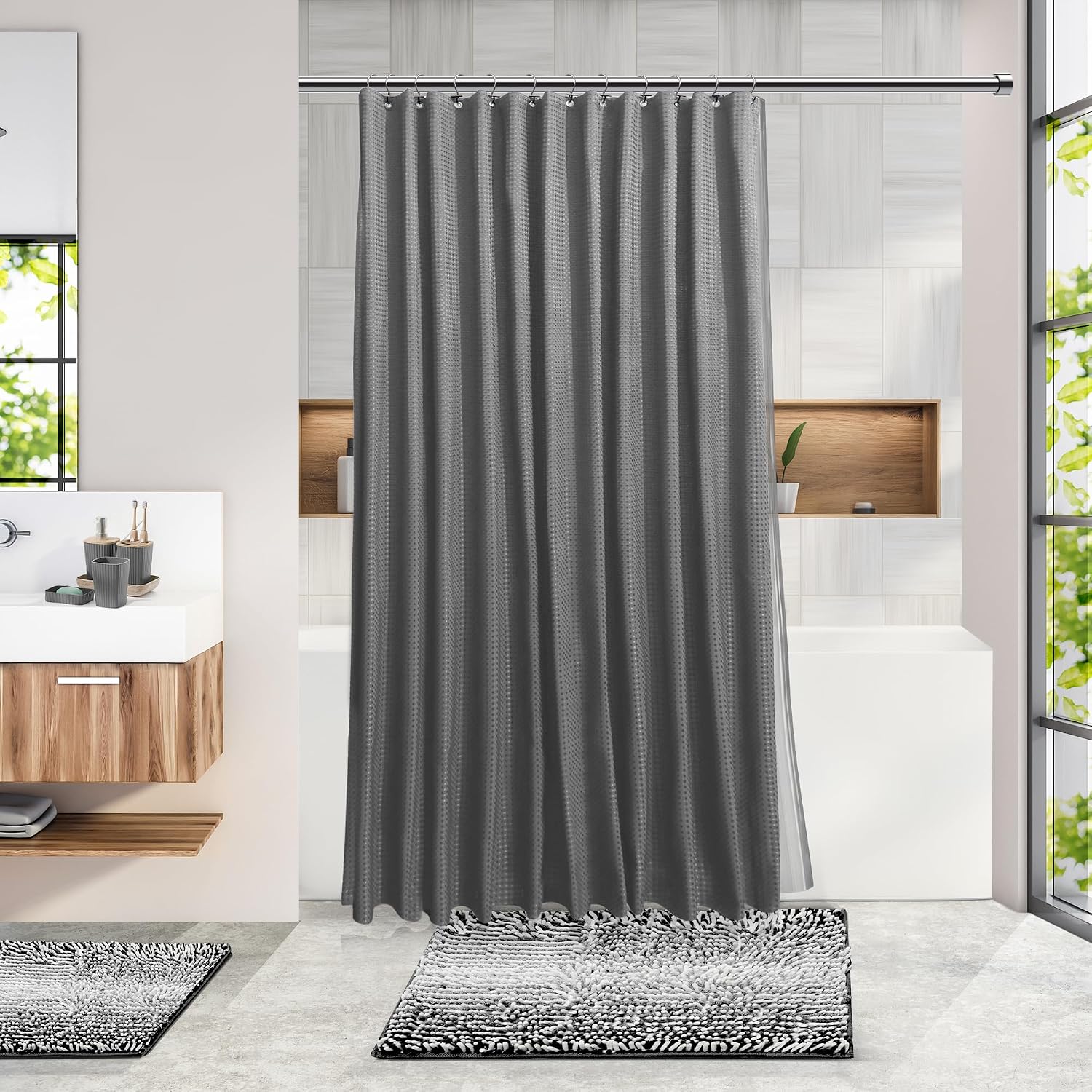 Clara Clark Bathroom Accessories Set - Bathroom Set, Bathroom Sets with Shower Curtain and Rugs, Shower Curtain Set with Bathroom Trash Can - Ombre Grey - 22PC image 2