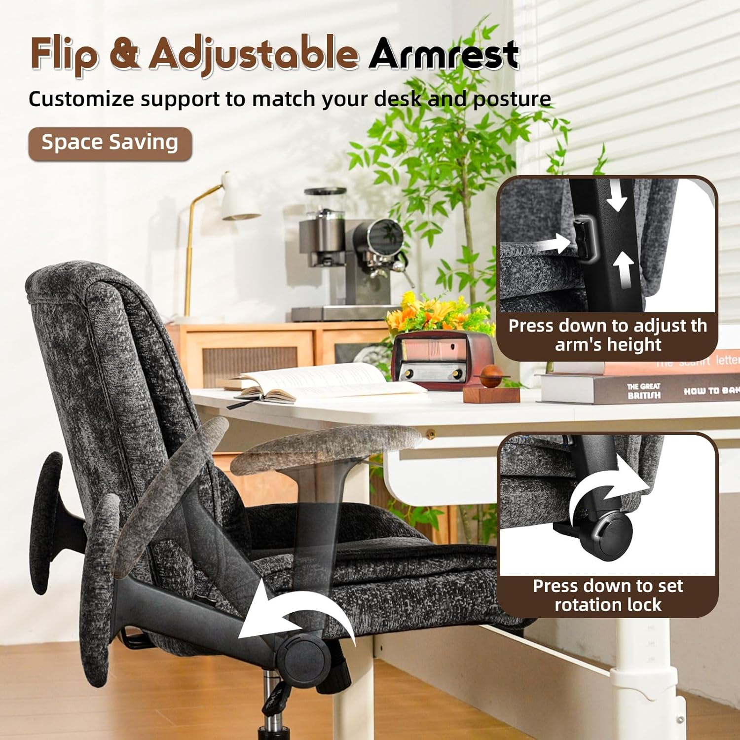 Criss Cross Chair with Wheels & Flip Arms, Wide Cross Legged Office Chair with Adjustable Tilt Criss-Cross Desk Chair with Lumbar Support for Home Office, Bedroom, Apartment Black