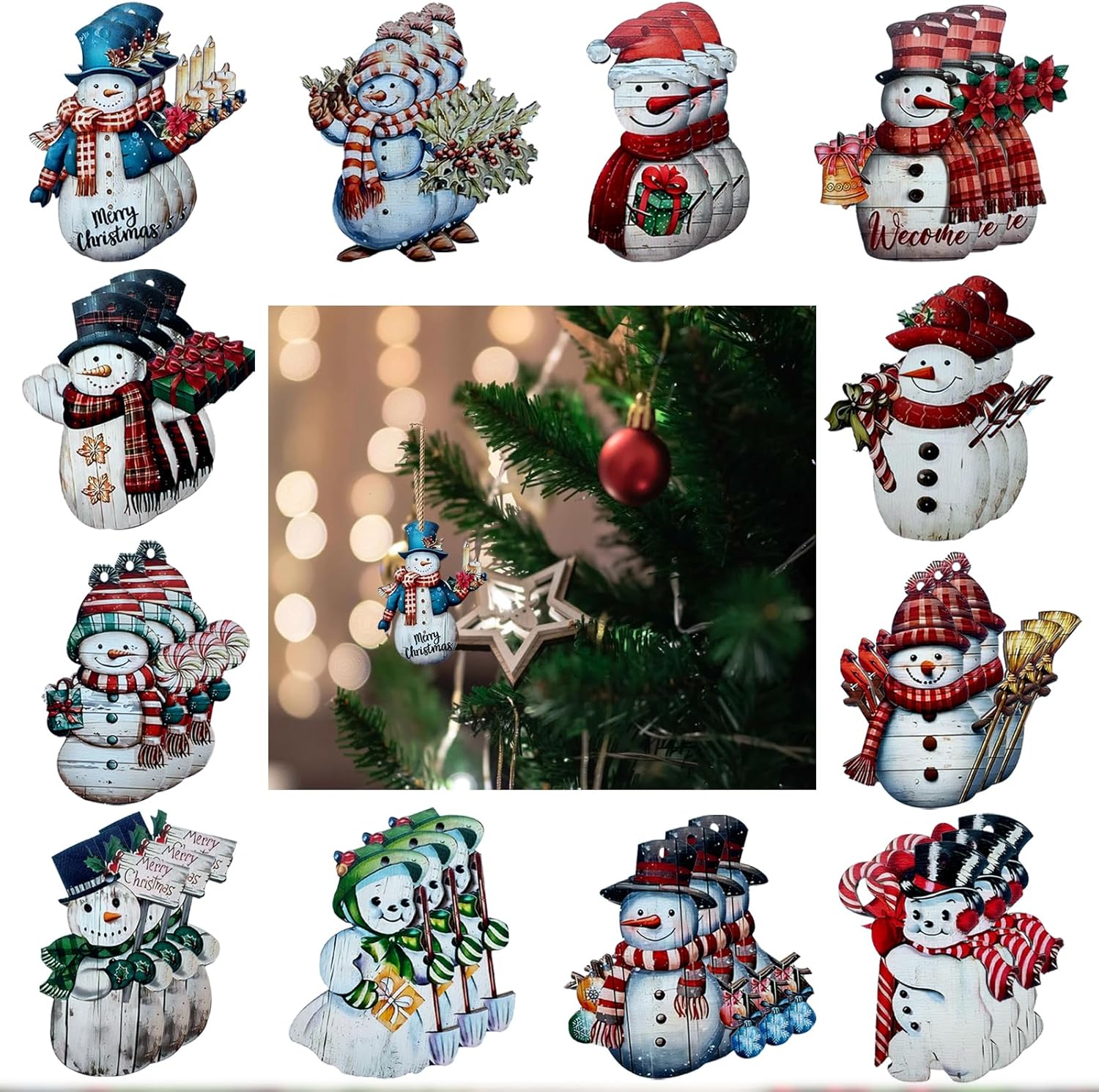 36 Set Wooden Snowman Christmas Decorations for Tree
