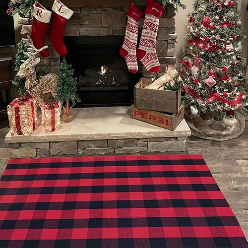 Miniatura 21 de CAINANEL Buffalo - Alfombra de algodón a cuadros de 5 x 7 pies, tejida a mano para interiores y exteriores, alfombra de área para puerta de Tela