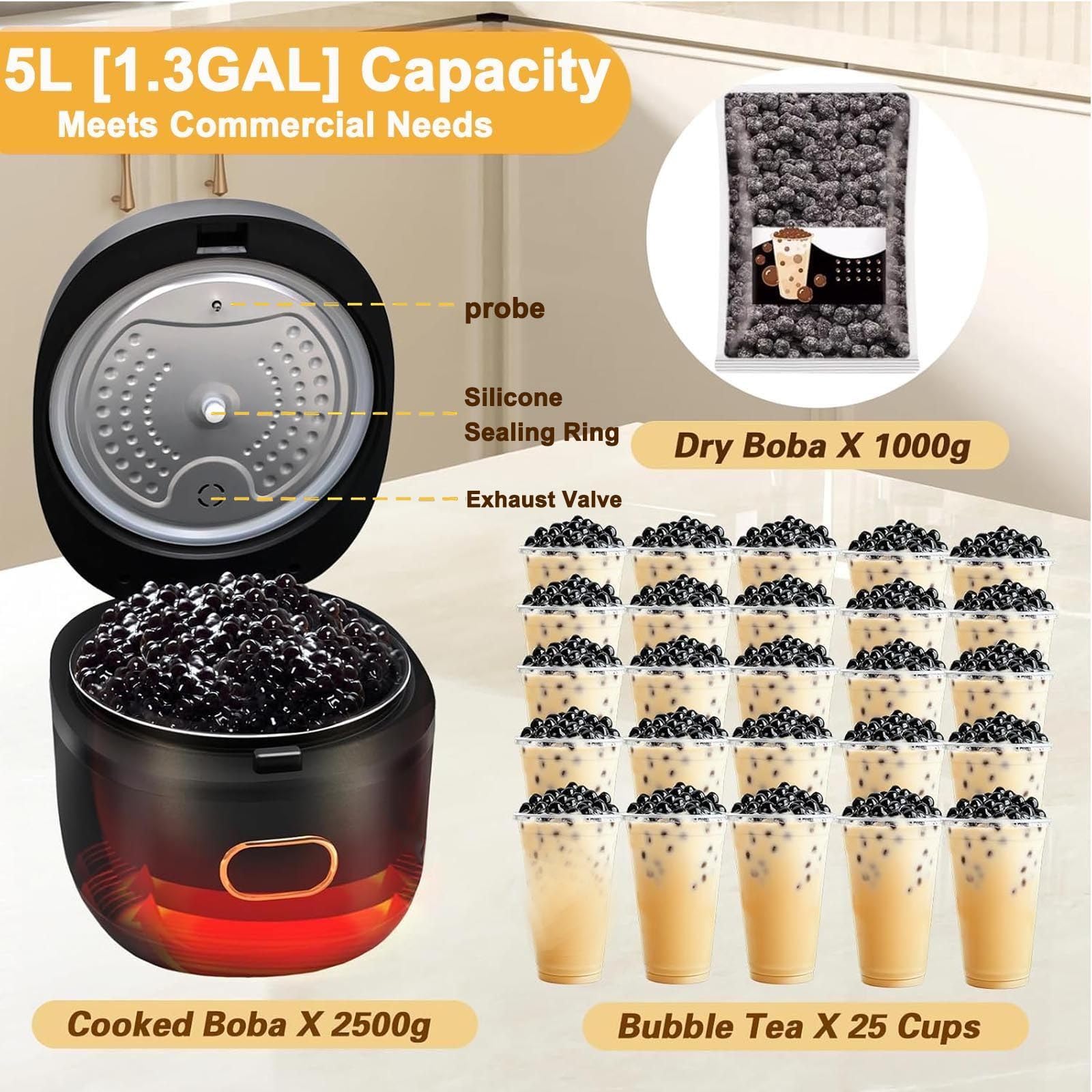 Smart Pearl Cooker 5L,900W Vollautomatischer Perlentopf | Kommerzieller Boba-Perlen-Tapioka-Kocher, | Perlenkocher Aus Braunem Zucker | Antihaftbeschichtung/Touchscreen,Black