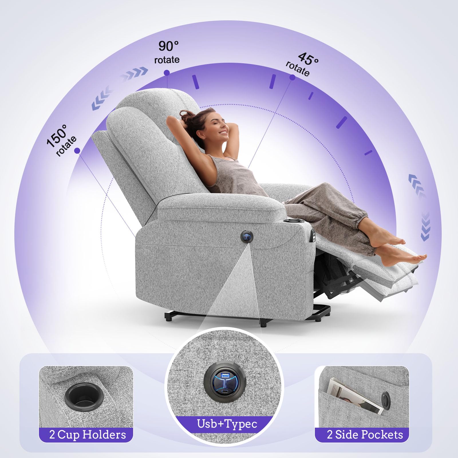 YONISEE Fernsehsessel Elektrisch Verstellbar, Aufstehhilfe Massagesessel mit Massage Wärmefunktion Seniorensessel, Relaxliege mit Fußteil, 2 Seitentaschen und Getränkehalter,USB-Anschlüsse, Grau