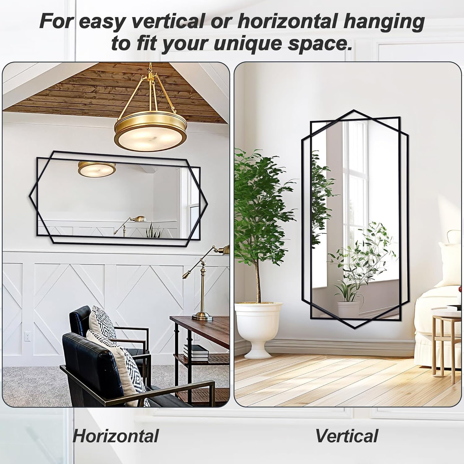 28"x 55" Decorative Mirror for Living Room with Hexagon and Rectangular Metal Frame, Entryway Mirror for Wall Decor, Vertical or Horizontal Hanging, Black