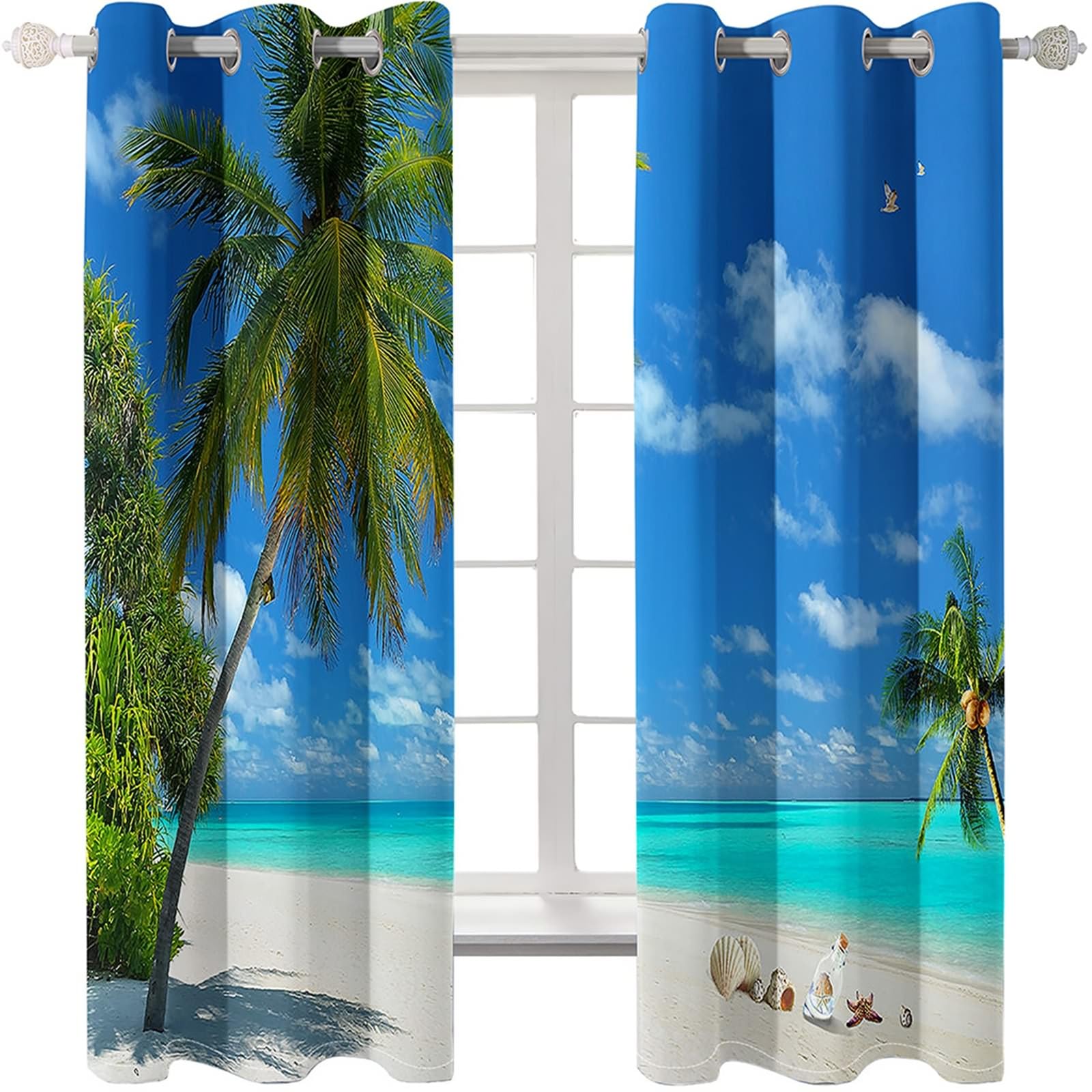 Gualiy Thermo Vorhänge 2er Set Ösen, Vorhänge 86x160 Palmen und Muschel Landschaft am Strand Vorhang Gardine Blickdicht