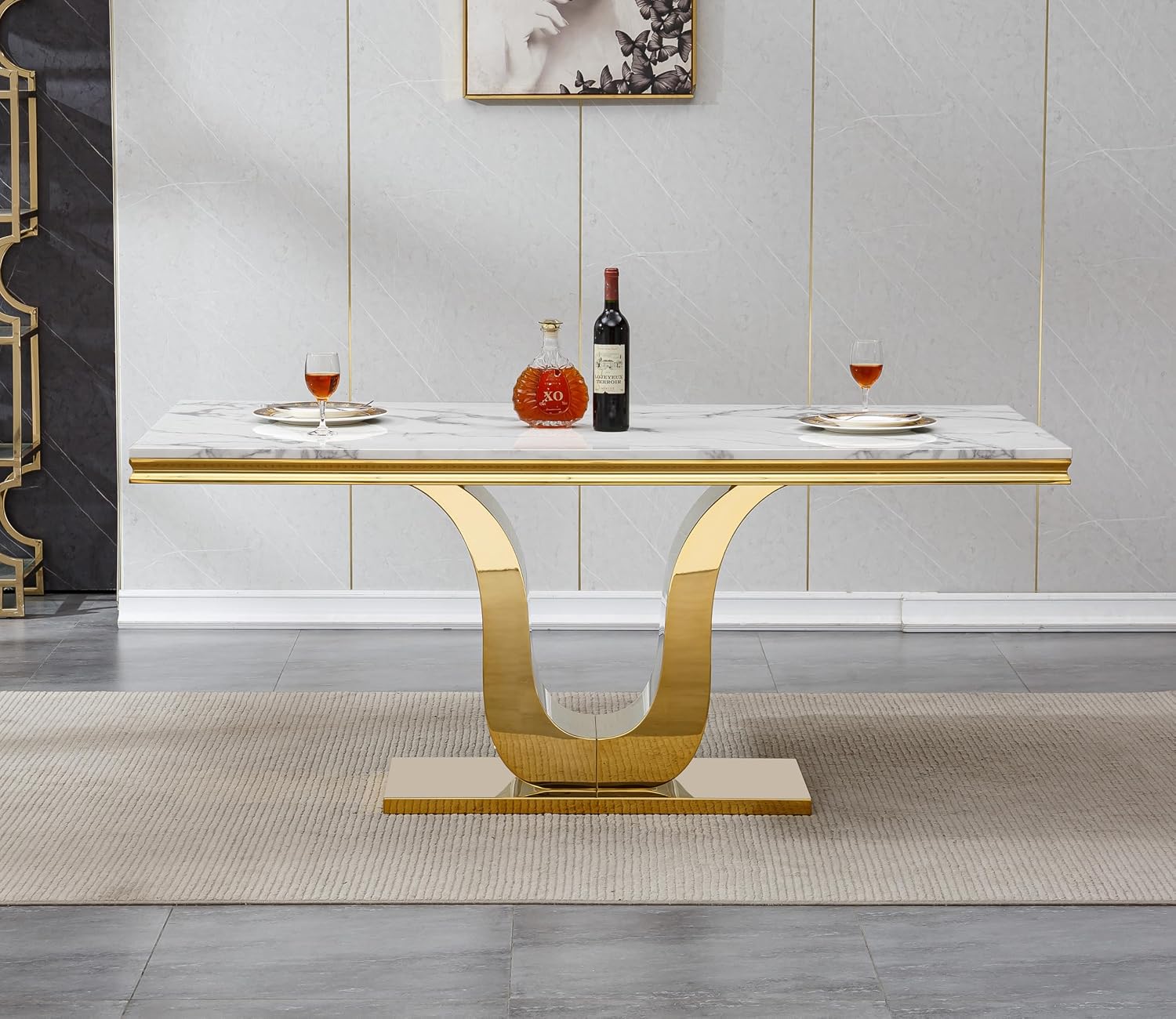 Henf Luxury Marble Dining Table Set for 6, 68 in White Kitchen Dining Room Table with 6 Beige Dining Chairs & Gold Stainless Steel U-Shaped Base, 7-Piece Modern Dinner Table and Chairs for Kitchen