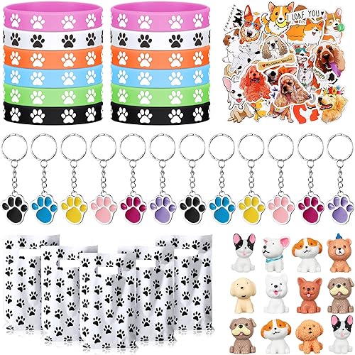 El juego de 106 piezas de recuerdos de fiesta de pata de perro y suministros incluye 20 bolsas de fiesta para perros, 12 pulseras de silicona con