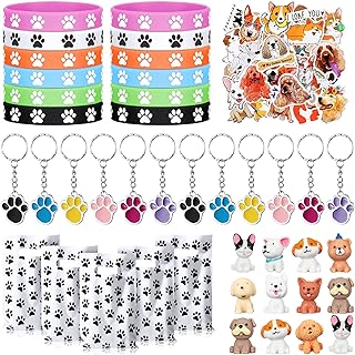 106 Pcs Dog Paw Party Favors Set Dog Paw Party Supplies Include 20 Dog Party Favor Bags, 12 Dog Paw Silicone Bracelet, 12 Dog Keychain, 12 Mini Puppy Toys and 50 Dog Stickers for Puppy Party Favors(Dog)