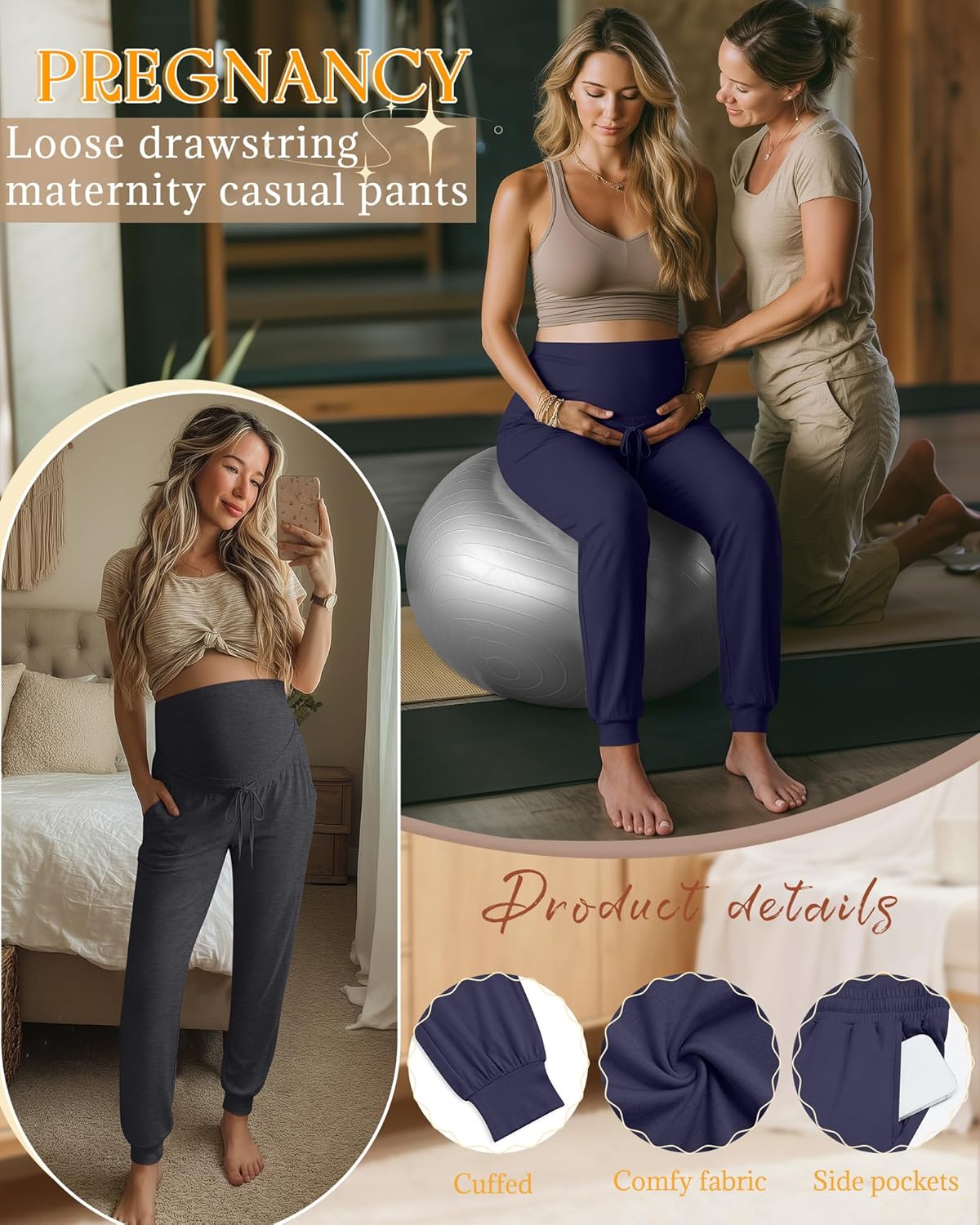 3 Pack Women's Maternity Pants Over Belly Pregnancy Lounge Pants Loose Drawstring Maternity Joggers with Pockets - Image 3