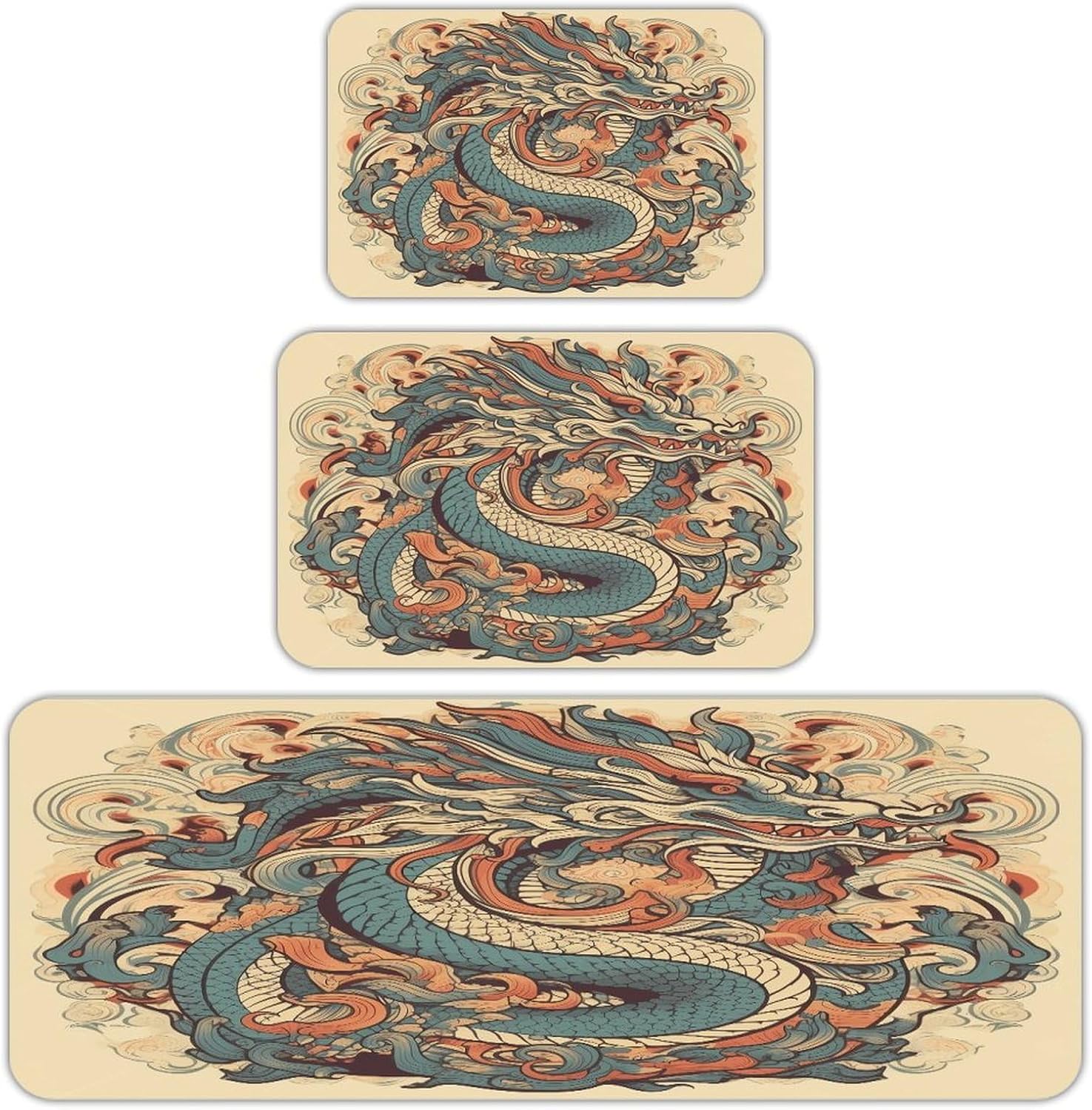 Light Beige Dragon Kitchen Mats for Floor 3PCS Waterproof Low-Profile Kitchen Rugs Floor Mat Non Slip Anti Fatigue Mats Comfort Standing Mat Runner Rug Area Rug 6"x24"+20"x31"+17"x47"