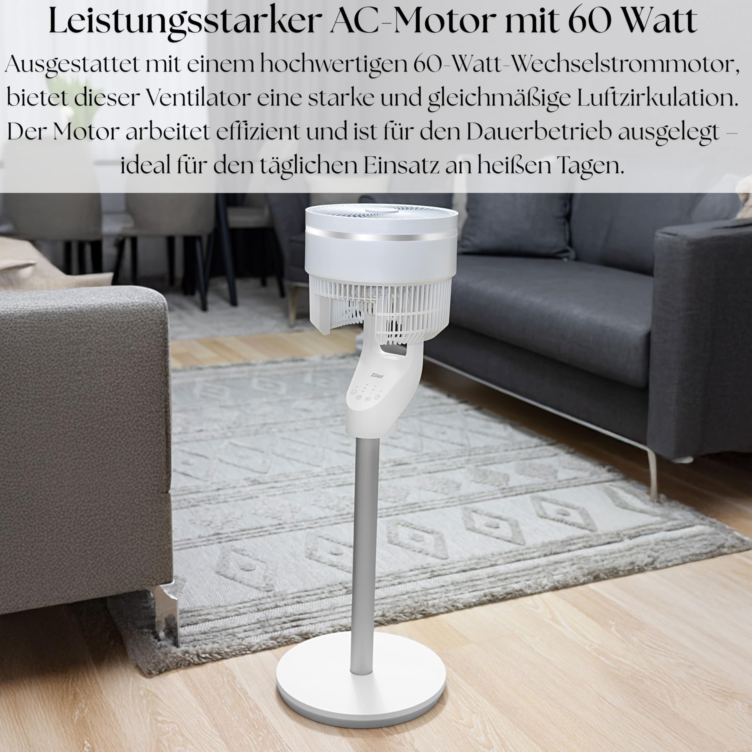 Zilan Standventilator leise mit Fernbedienung kraftvoller Ventilator mit Timer 60W energiesparend 3 Stufen hoher Luftdurchsatz oszillierend Bodenventilator Aircooler Standlüfter (Weiß mit FB)