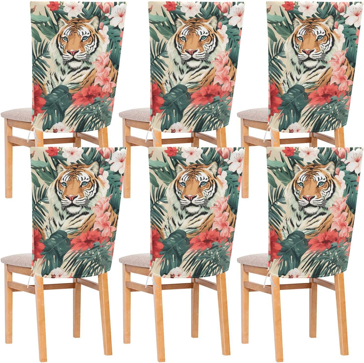 ALAZA Tiger and Flowers Chair Back Cover Set of 6, Washable Reusable Removable Chair Slipcovers Decorative Chair Cover for Home Kitchen Wedding Party