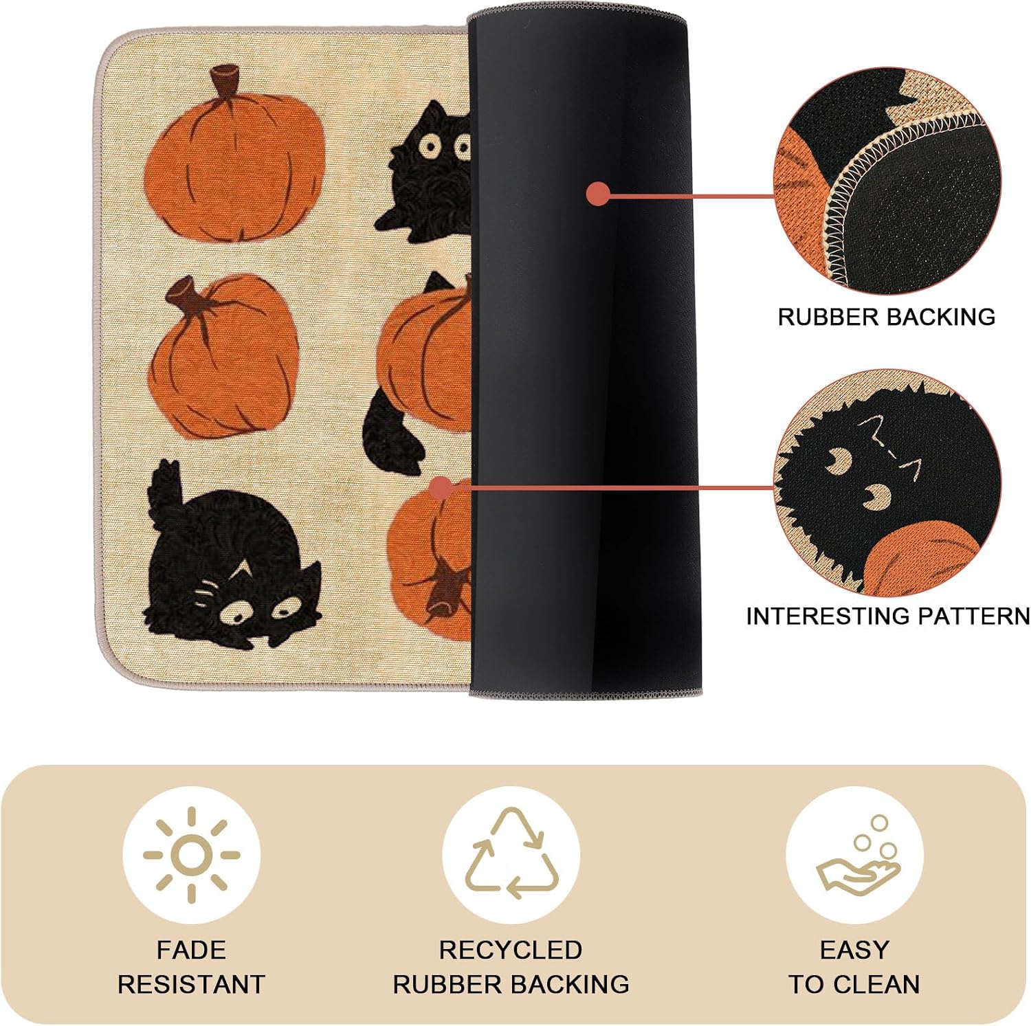 Halloween Kitchen Mats Set of 2, Black Cat Pumpkin Kitchen Rugs Floor Mat Non-Slip Doormat for Indoor Outdoor Home Party Decor, 17 x 27 & 17 x 47 Inch