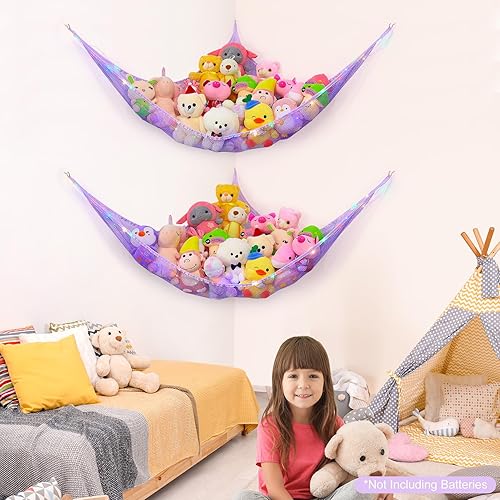 Vista 100 de Basumee Red de animales de peluche o hamaca con luz LED, hamaca de red de juguetes para almacenamiento de animales de peluche, hamacas para Azul