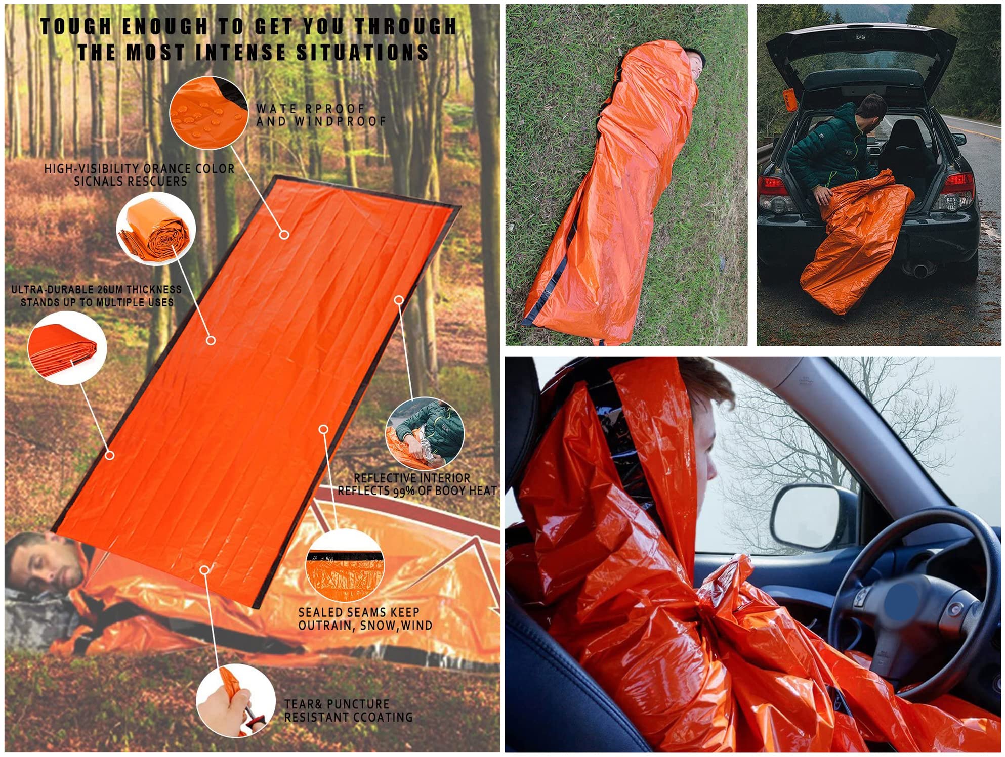 Sac de couchage de bivouac portable, thermique, léger, imperméable, équipement de réchauffement d'urgence, tente de survie.