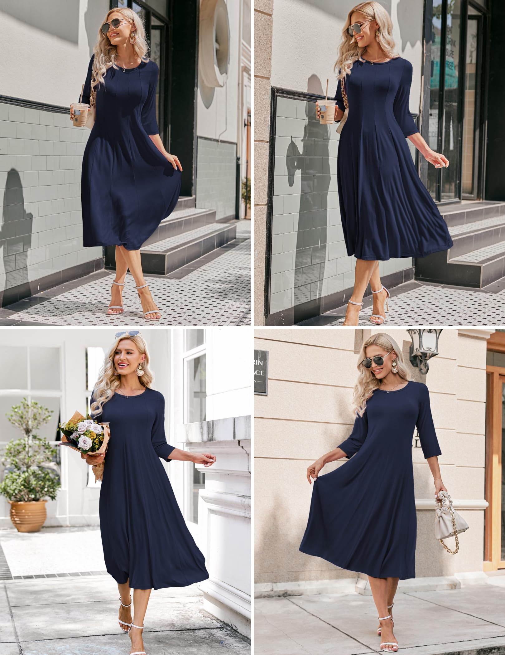 Hotouch Dress Women Elegant Casual Dresses 3/4 Sleeve A Line Mididress Classic Round Neck Tunic with Pockets