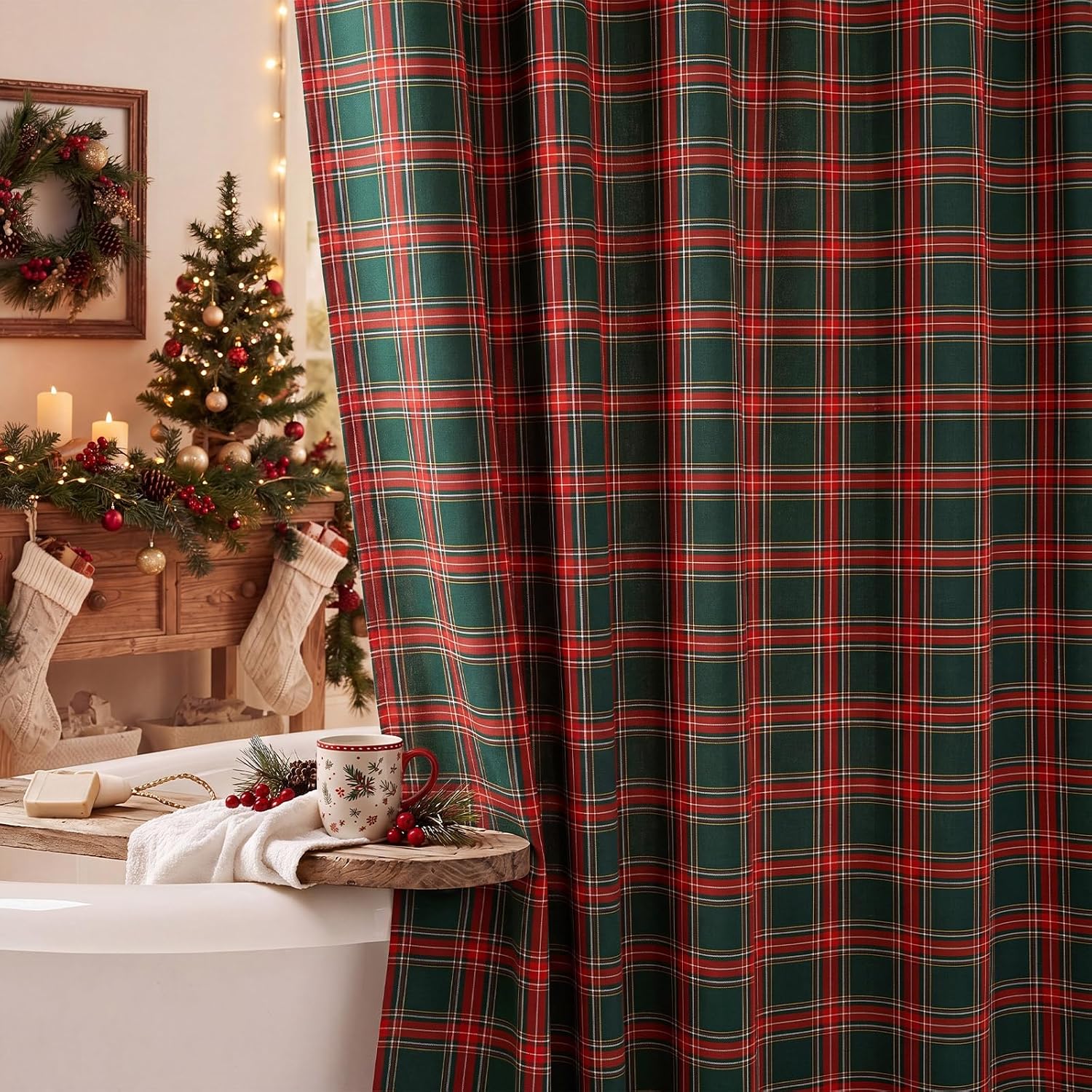 Fanfanwin Christmas Plaid Shower Curtain red Green Scottish Tartan 72x72