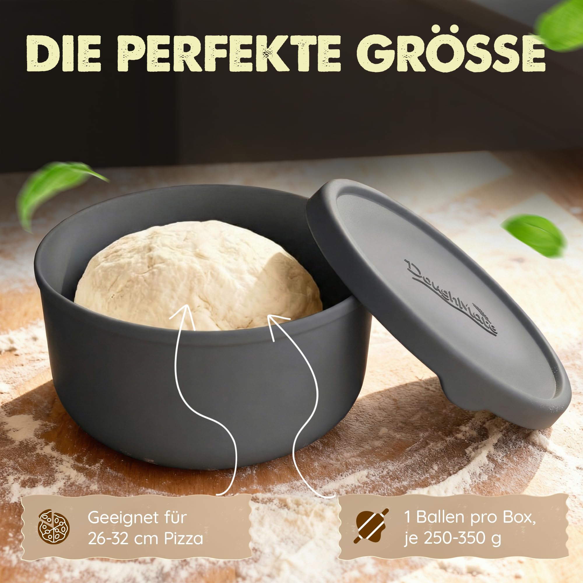 Pudełko na kulki do pizzy z pokrywką, 6 sztuk – idealne jako pudełko na pizzę, pudełko na ciasto, pudełko do fermentacji, do 350 g ciasta na pizzę, silikon zapobiegający przywieraniu, nadaje