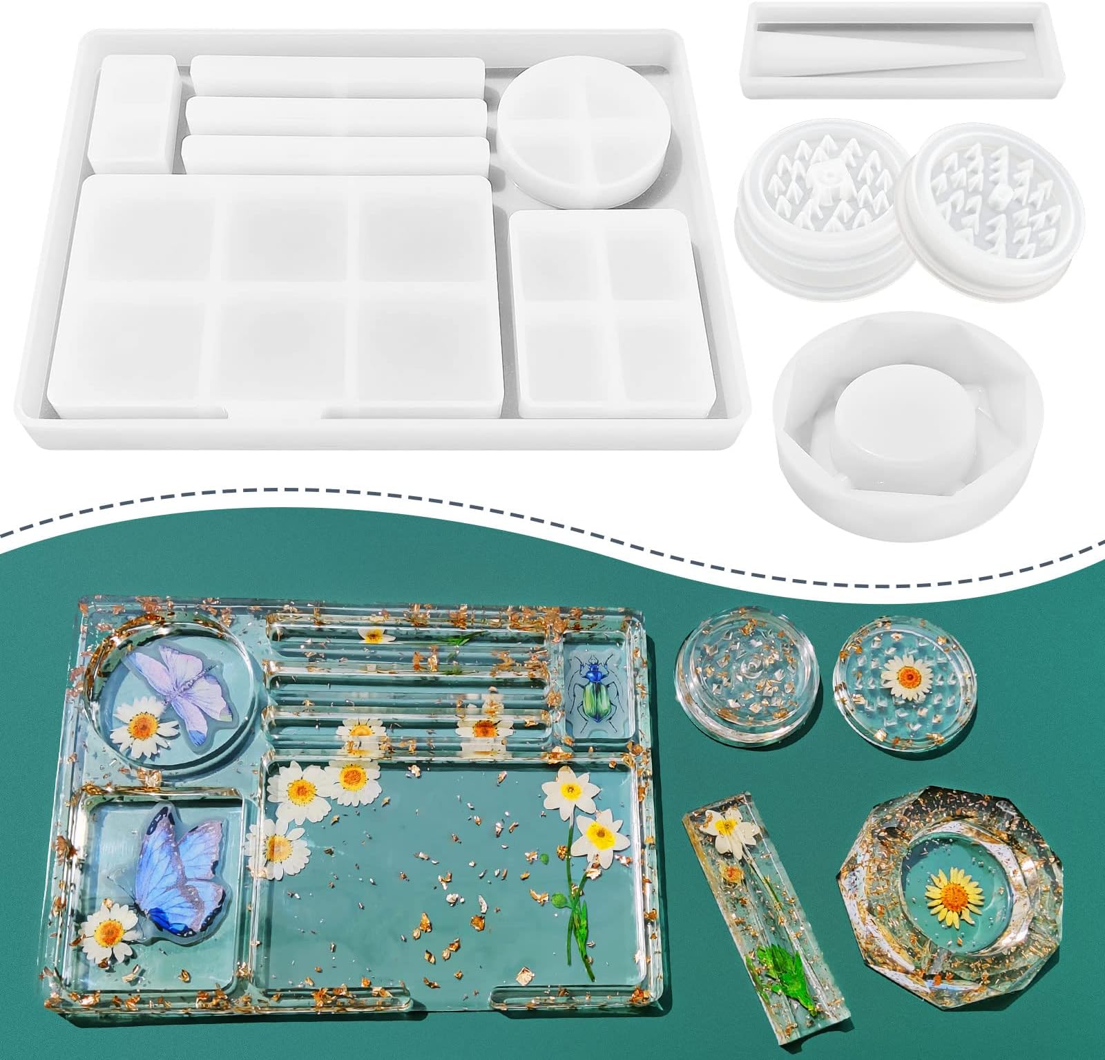 5 PCS Resin Tray Molds and Resin Grinder Mold for Grind and Storage, Large Molds Silicone Molds for Arts, DIY Epoxy Kit