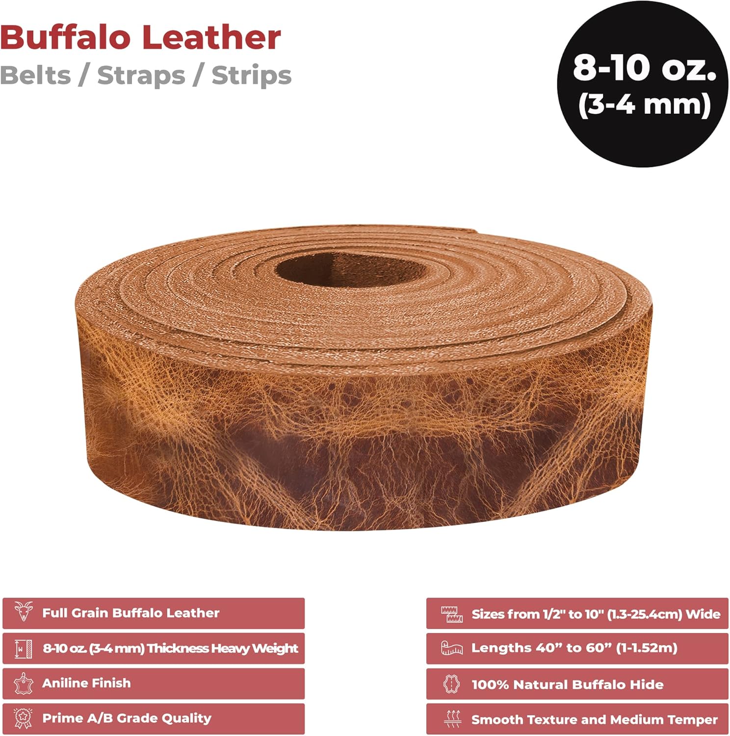 European Leather Works - Buffalo Belt Blanks 8-10 oz (3-4mm) Size: 2"x55-60" (5.1x139-152.4cm) - Vintage Tan Color Full Grain Leather Belt Straps/Strips for Tooling, Holsters