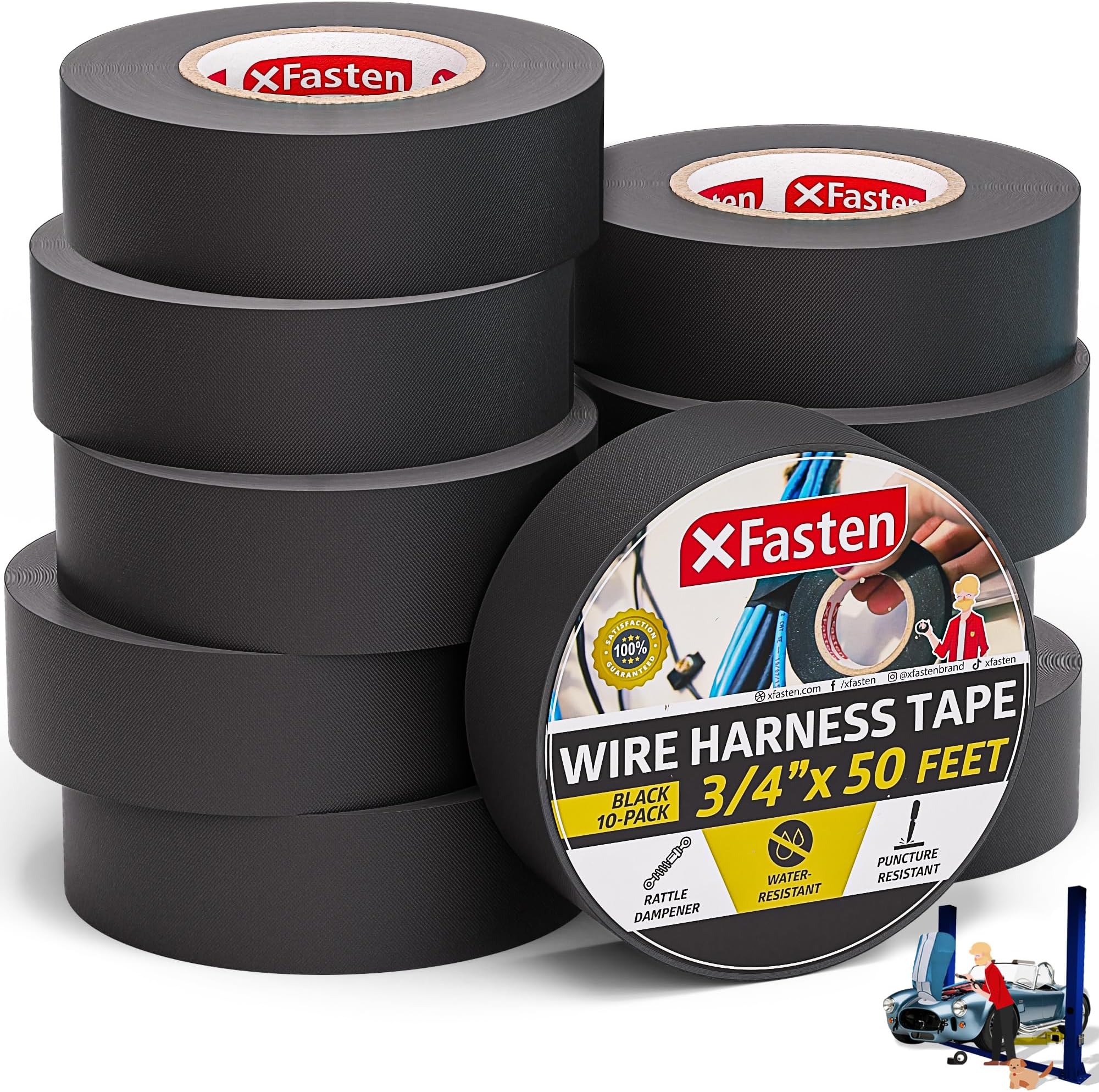 XFasten Wire Harness Tape 10-Pack 3/4 Inch x 50-Feet 500ft Total Residue-Free High Heat Resistant Automotive Wire Loom Tape Cloth Electrical Tape Automotive Fabric High Heat Cable Wrap Tape