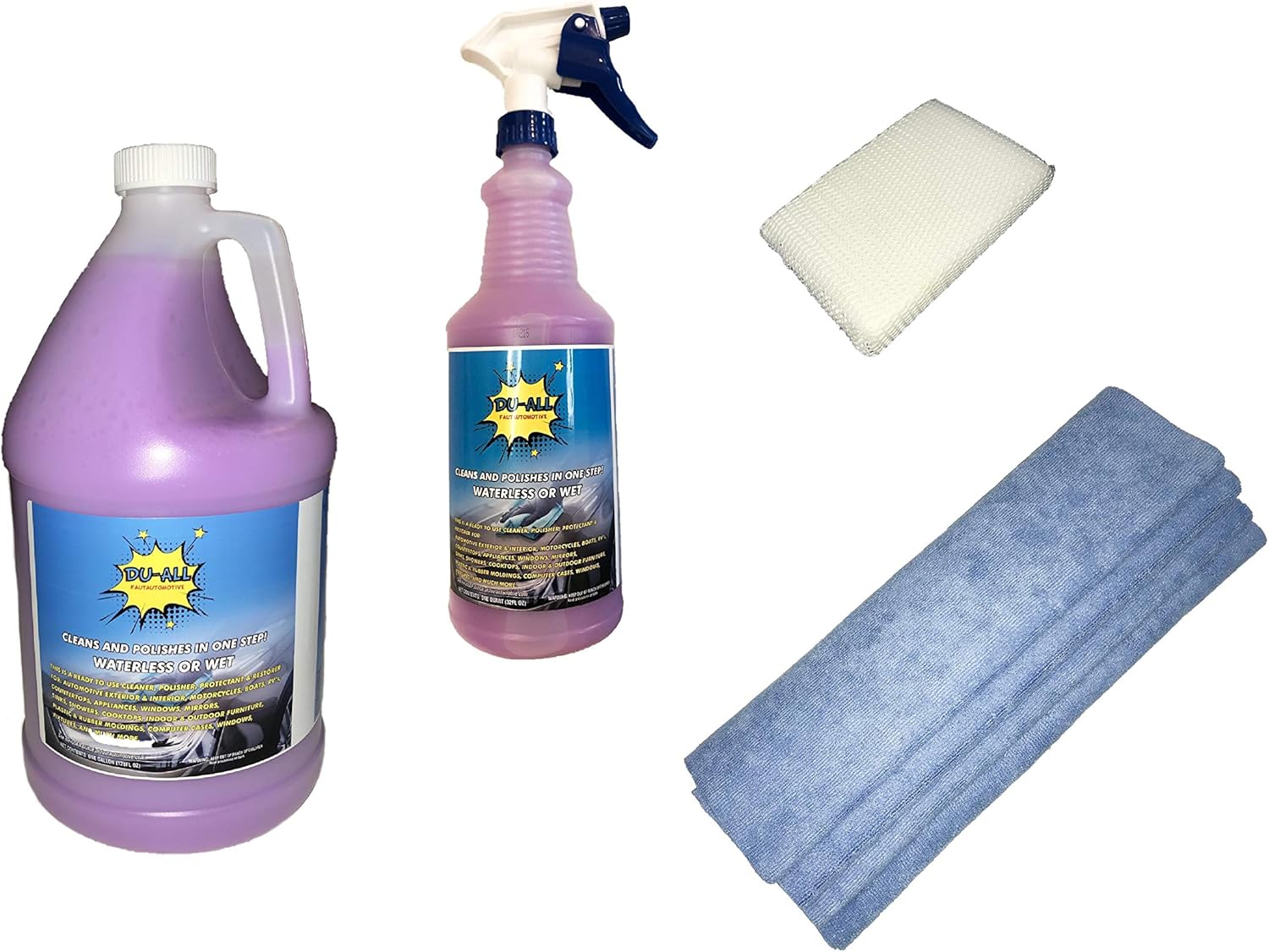 7 Pcs Kit Waterless Wash, Cleaner, Polish, Shine, Wax nr, Repellant, Protectant, 1 Gal. (160 Fl Oz) 1 Qt. (32 Fl Oz) Of DU-ALL Plus 4 Seamless Microfiber Towels & 1 Bug Scrubber