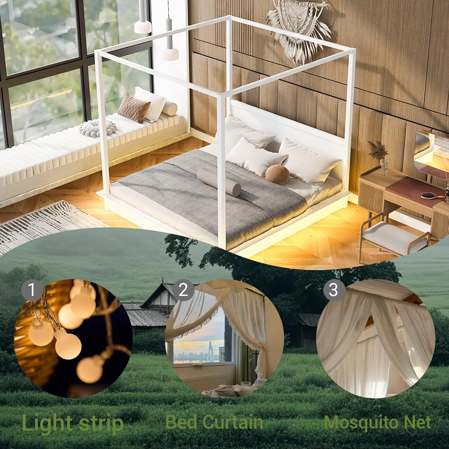 King Size Canopy Bed Frame with LED Light, Wood Canopy Bed with Support Slats, Mattress Foundation Bed Platform, for Kids Teens Adults, No Box Spring Needed, White