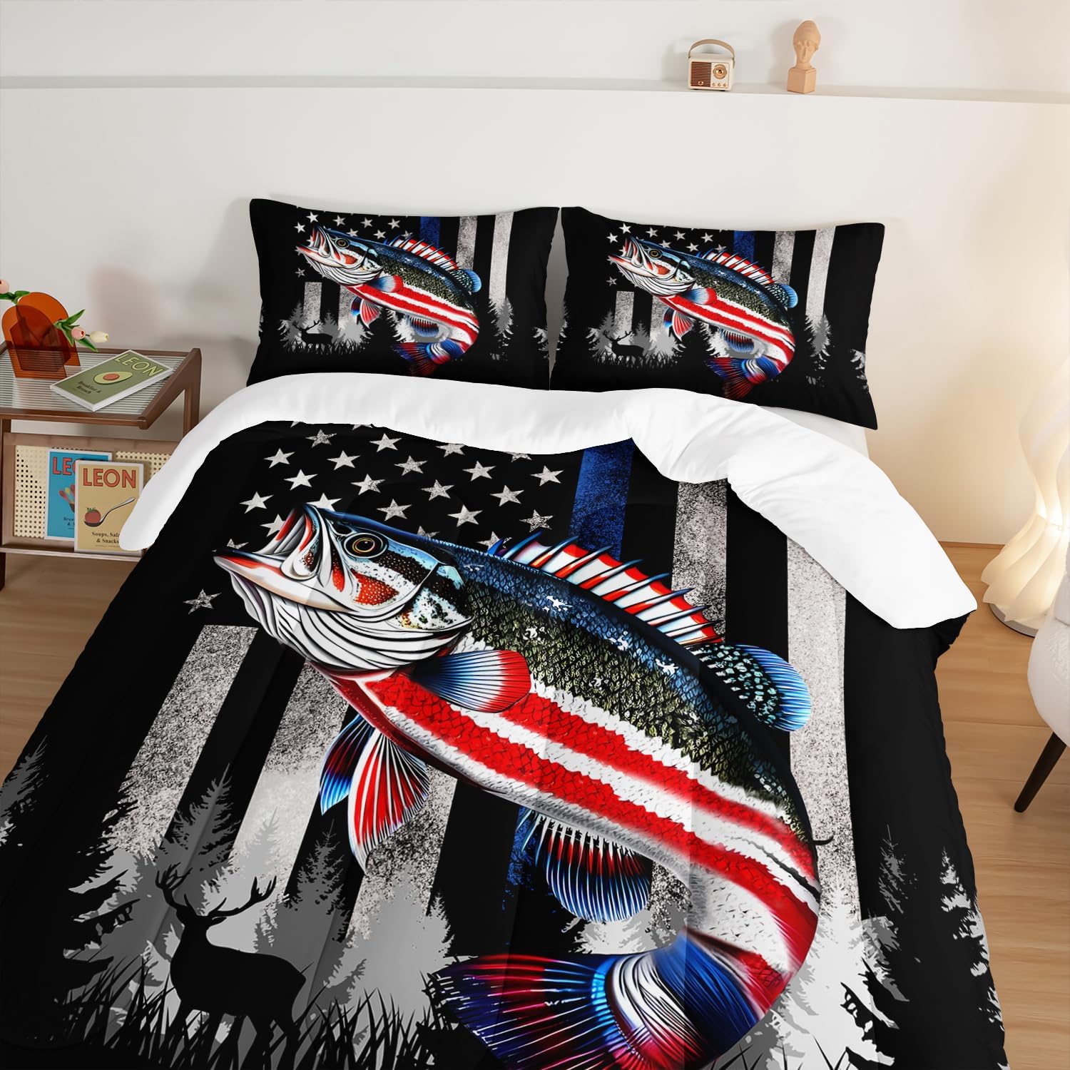HOSIMA Soft Microfiber Black Queen Comforter Set with 2 Pillowcases,American Flag Striped Bass Pattern Bedding Sets,Fishing Comforter Kids Men Boys Room Decor,Bed in a Bag Queen Size for Teens. - Image 4