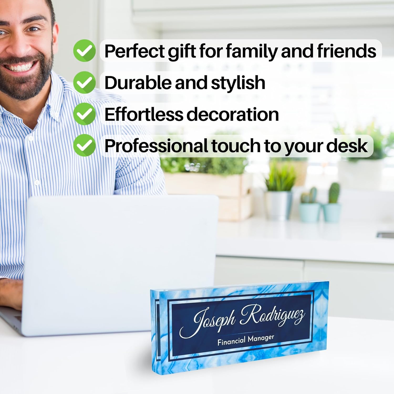 Customized Clear Acrylic Thick 8x3" Desk Name Plate Block with Personalized Logo - Professional Office Decor - Customized Acrylic Plate Gift for Teacher Co-workers (Blue Wave)