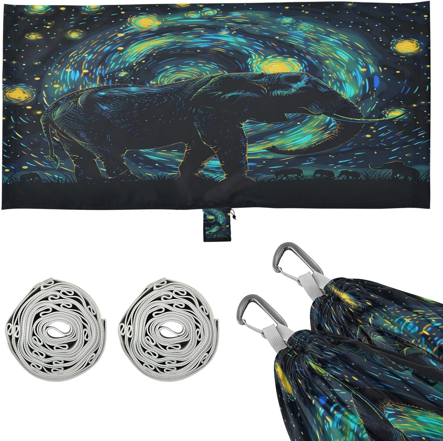 ALAZA Elephant Starry Sky Camping Hammocks Single or 2 Person 500 lbs Portable Parachute Travel Hammock w/Tree Straps for Hiking Backpacking Indoor Outdoor