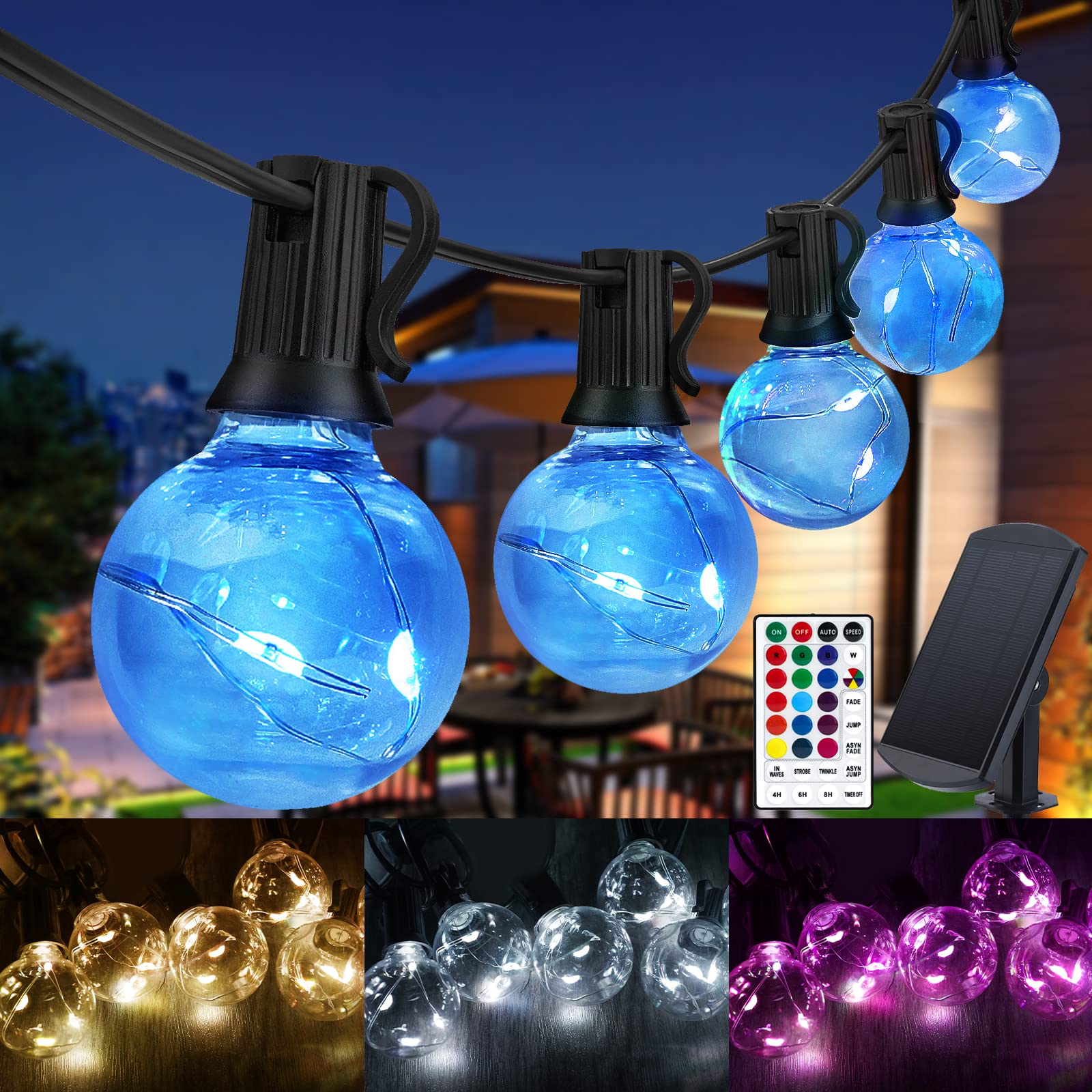 30 LED Solar Lichterkette Außen Bunt, Solarlampen Außen, 18 Farben Wasserdicht IP65 G40 Glühbirnen Beleuchtung mit RGB Fernbedienung für Outdoor Weihnachten Garten Hof Hochzeit Party Balkon Deko…