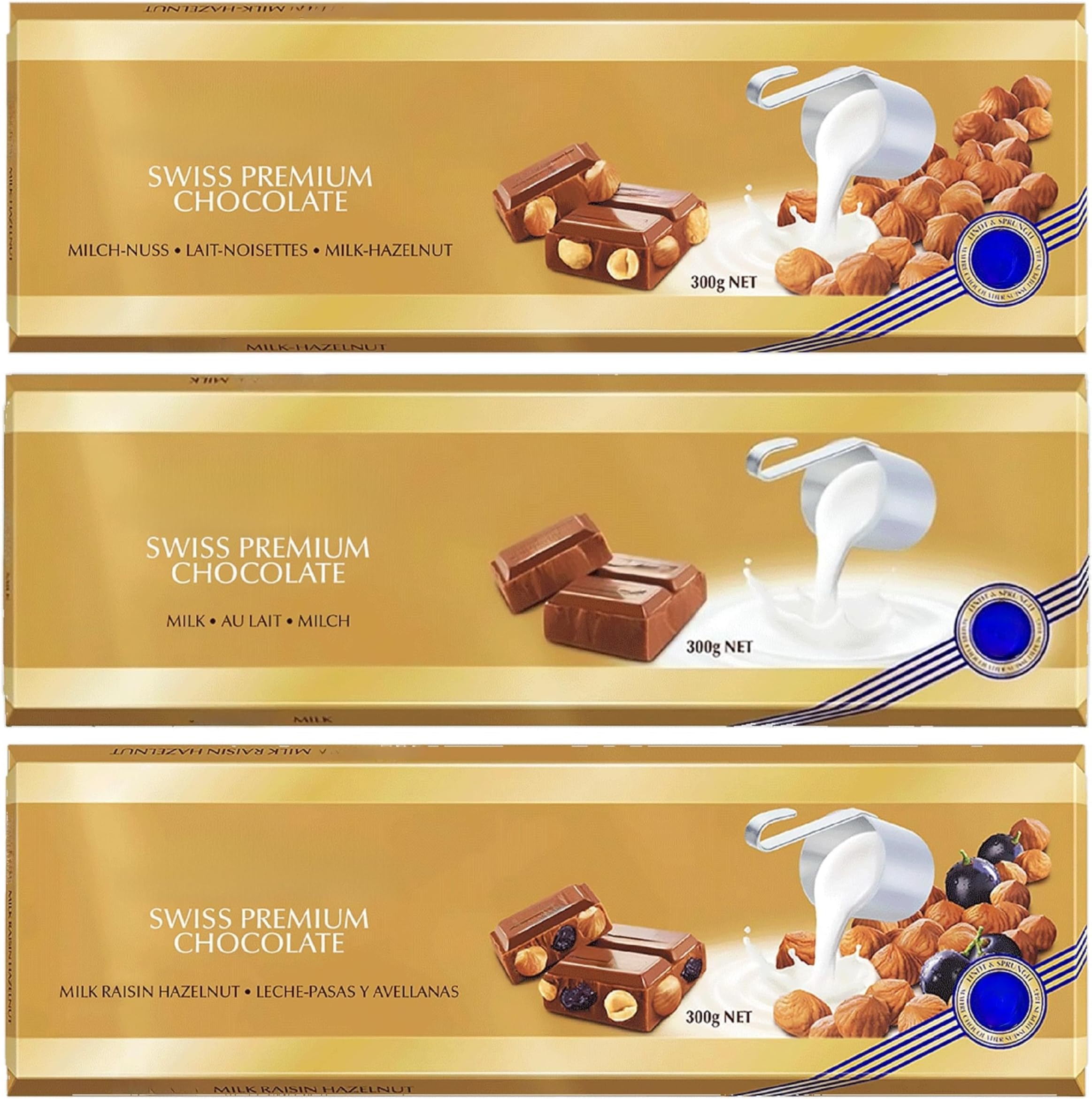 Swiss Lindt Chocolates Bars Bulk Buy - Luxury 3 x 300g Irresistible Smooth Hazelnut, Milk Bar & Hazelnut - Raisins Golden Milk Chocolate Bars for Chocolate Hamper, Birthday Gifts with Topline Card