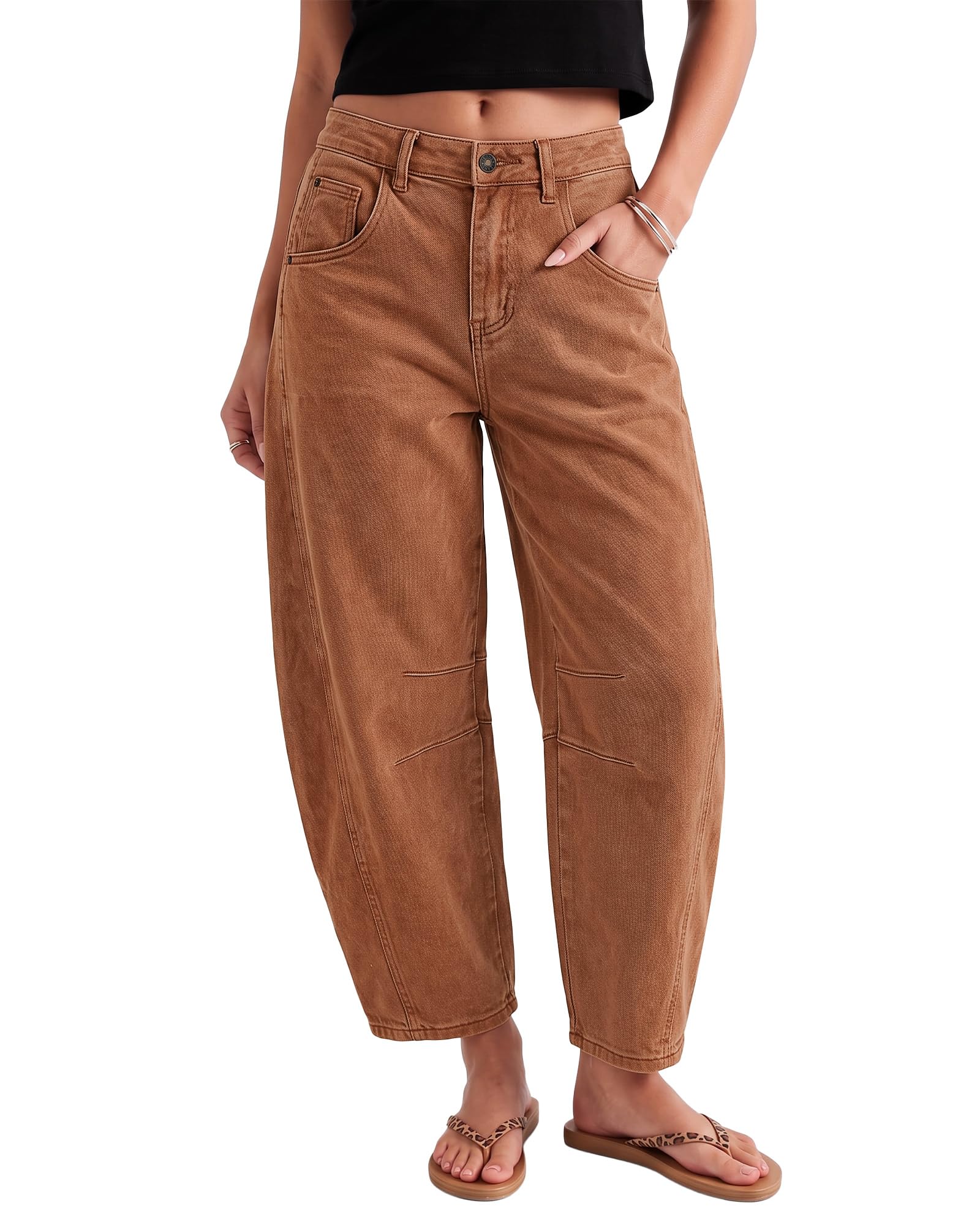 Utyful Barrel Jeans Women Cropped Baggy Trendy High Waisted Distressed Loose Stretch Denim Trouser Jeans with Pockets